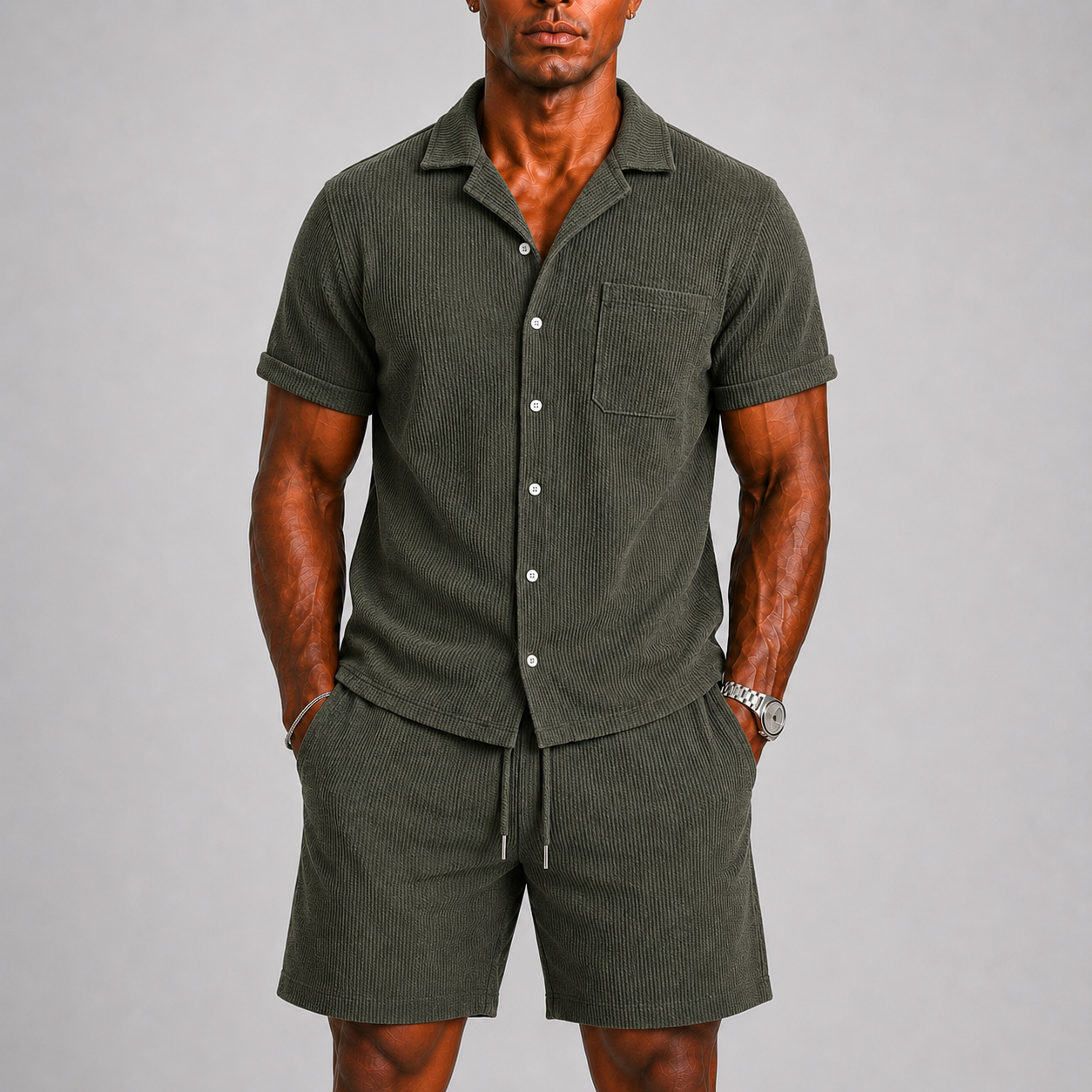 Set coordinato da uomo in tessuto a costine con camicia e pantaloncini - Verde militare - borstzak casual casual chic co-ord set comfortabel completo estivo dagelijks gebruik elastische taille festival outfit Heren heren mode heren set korte broek set lente zomer luchtig luchtige broek lunelle modern overhemd korte mouwen overhemd set ribstof ribstof set set uomo short set smart casual stijlvol strand stijl terras outfit tessuto vakantie stijl veelzijdig zomers Zomersets - Concept Palermo