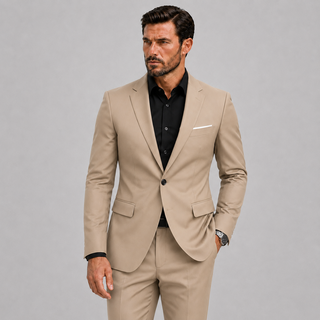 Abito Slim-Fit da Uomo per Matrimoni e Occasioni Formali - Beige - abito uomo avondlook blazer set bruiloft outfit diner outfit elegant enkele knoopsluiting evenement outfit formele kleding heren kostuum heren mode heren pak kantoor stijl lunelle matrimonio mid-rise taille minimalistisch modern pantalon set slim fit slim fit kostuum slim fit pak stijlvol tijdloos veelzijdig verzorgde snit zakelijke kleding - Concept Palermo