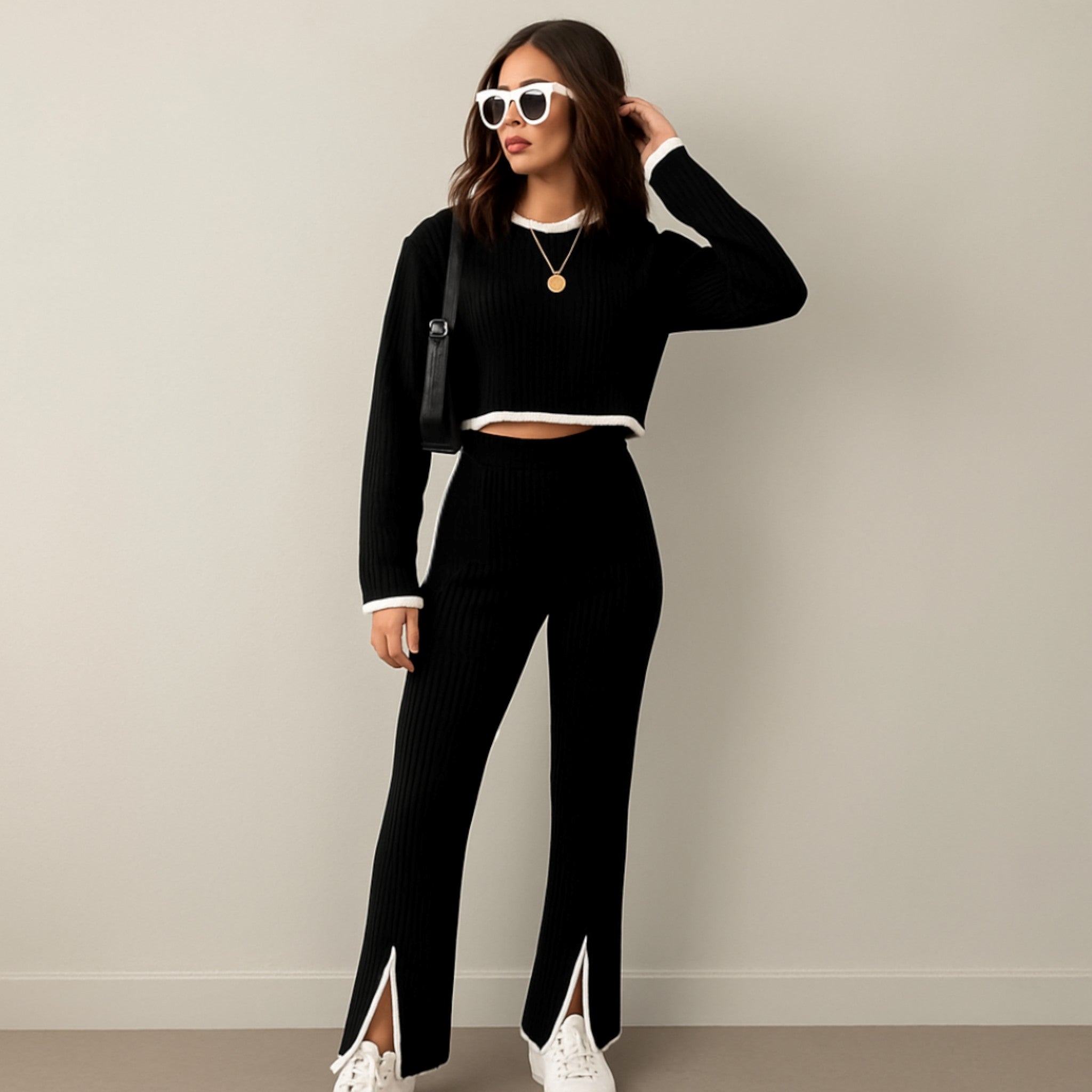 Completo da casa a coste con dettagli a contrasto, 2 pezzi Donna - - casa Complete Outfit completo completo casa contrasto coste dettagli donna Going out dress outfit set outfit sets - Concept Palermo