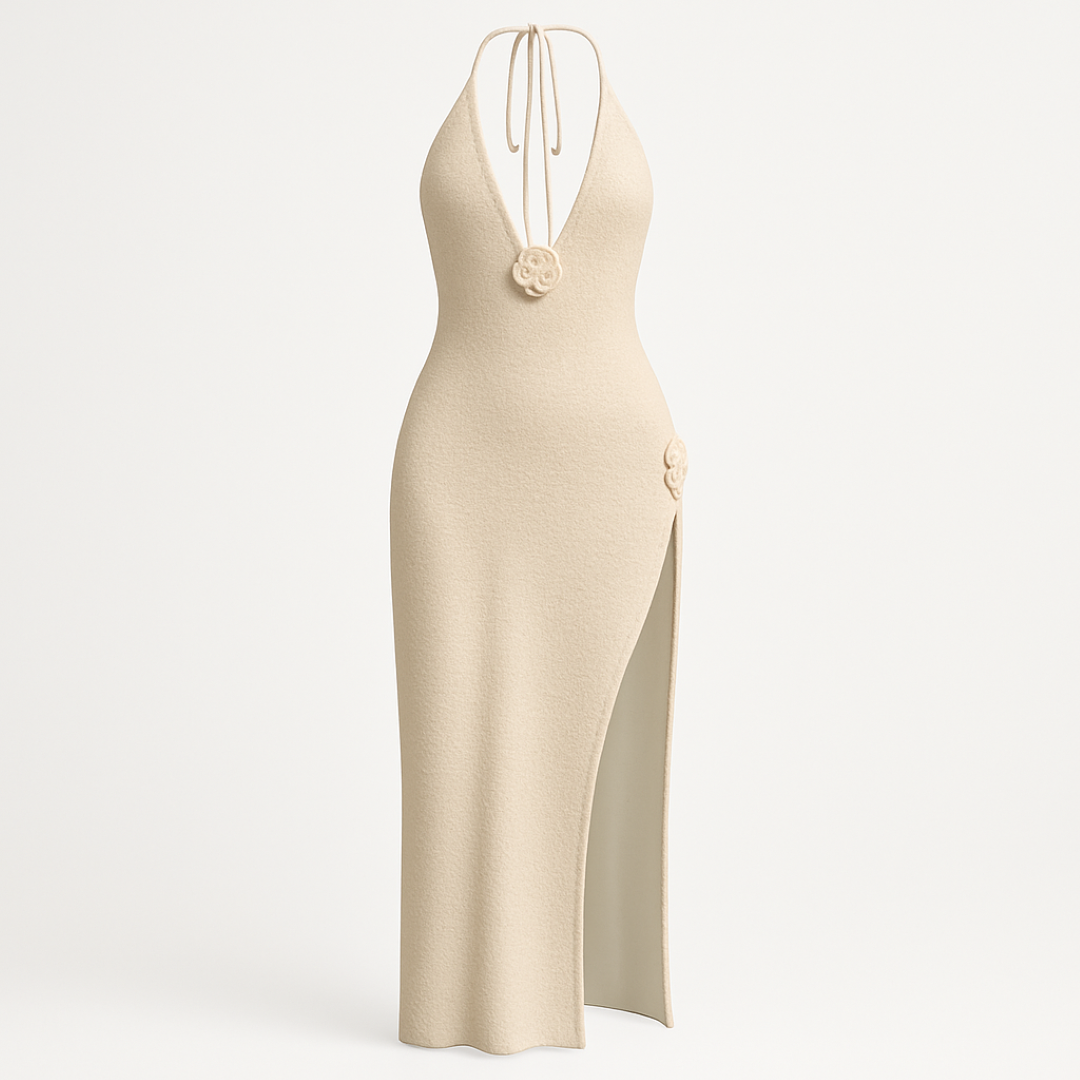 Abito lungo in maglia con rosetta – Eleganza scolpita in morbida crema - - abito abito maglia crema Dresses eleganza female dress maglia Maxi Dresses morbida rosetta - Concept Palermo