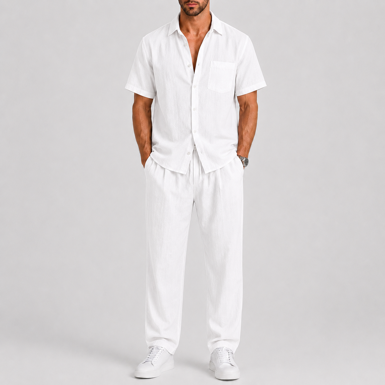 Completo Estivo da Uomo con Camicia e Pantaloni Larghi - Bianco - bewegingsvrijheid borstzak broek set casual casual chic comfortabel completo uomo heren mode heren set knoopsluiting lente zomer lichtgewicht linnen look losse pasvorm luchtig lunelle minimalistisch overhemd korte mouwen overhemd set reis outfit relaxte pasvorm set estivo smart casual strand stijl terras outfit vakantie stijl veelzijdig wijde broek zomers zomerset Zomersets - Concept Palermo