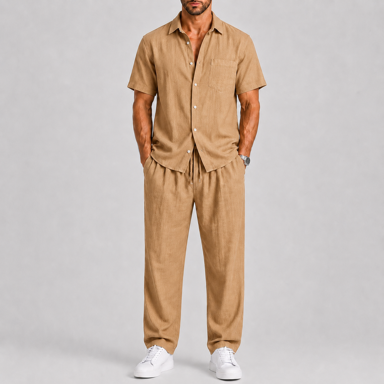 Completo Estivo da Uomo con Camicia e Pantaloni Larghi - Kaki - bewegingsvrijheid borstzak broek set casual casual chic comfortabel completo uomo heren mode heren set knoopsluiting lente zomer lichtgewicht linnen look losse pasvorm luchtig lunelle minimalistisch overhemd korte mouwen overhemd set reis outfit relaxte pasvorm set estivo smart casual strand stijl terras outfit vakantie stijl veelzijdig wijde broek zomers zomerset Zomersets - Concept Palermo
