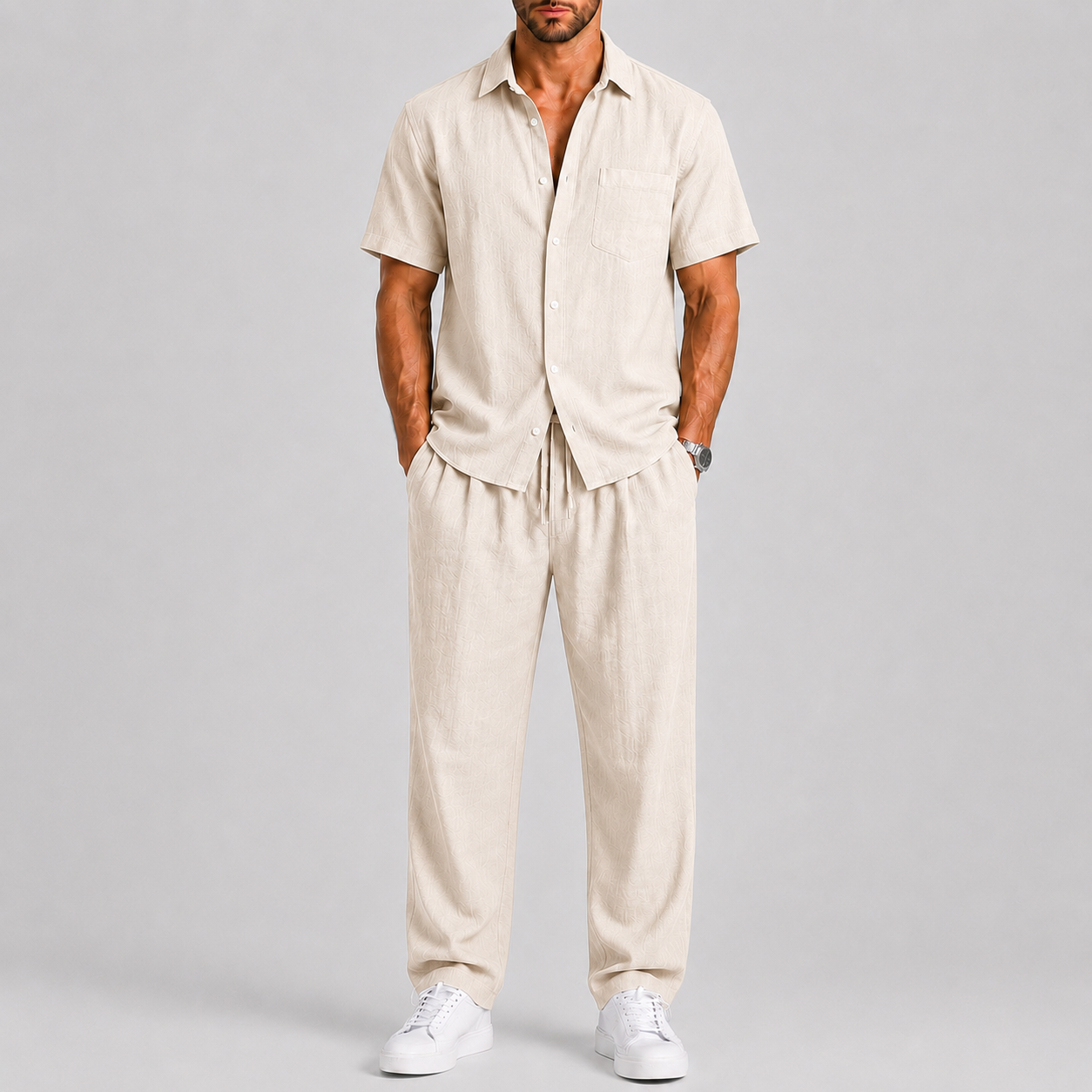 Completo Estivo da Uomo con Camicia e Pantaloni Larghi - Beige - bewegingsvrijheid borstzak broek set casual casual chic comfortabel completo uomo heren mode heren set knoopsluiting lente zomer lichtgewicht linnen look losse pasvorm luchtig lunelle minimalistisch overhemd korte mouwen overhemd set reis outfit relaxte pasvorm set estivo smart casual strand stijl terras outfit vakantie stijl veelzijdig wijde broek zomers zomerset Zomersets - Concept Palermo