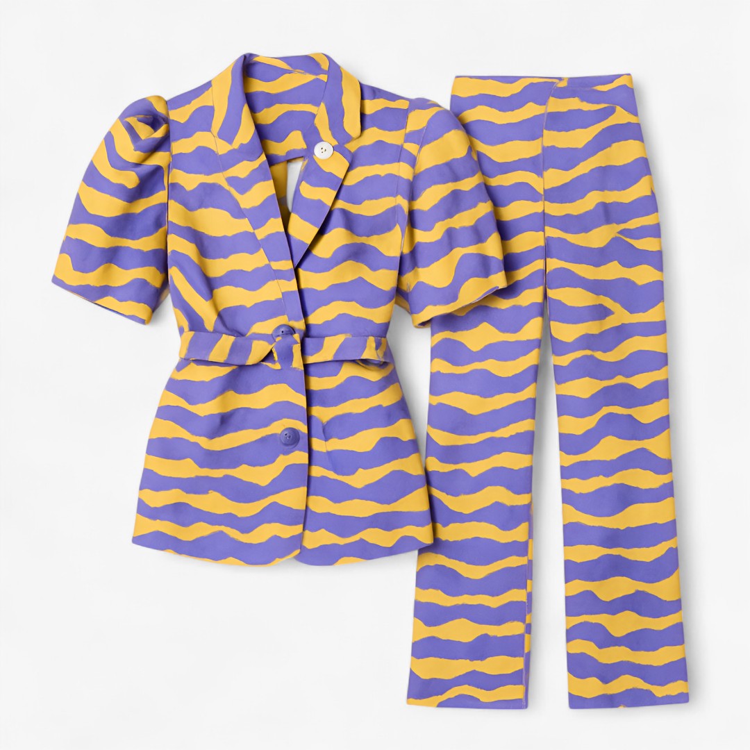 Completo Solara con maniche a sbuffo e stampa astratta viola e gialla - Porpora con giallo - astratta completo completo solara gialla maniche outfit sets sbuffo Sets solara Woman - Concept Palermo