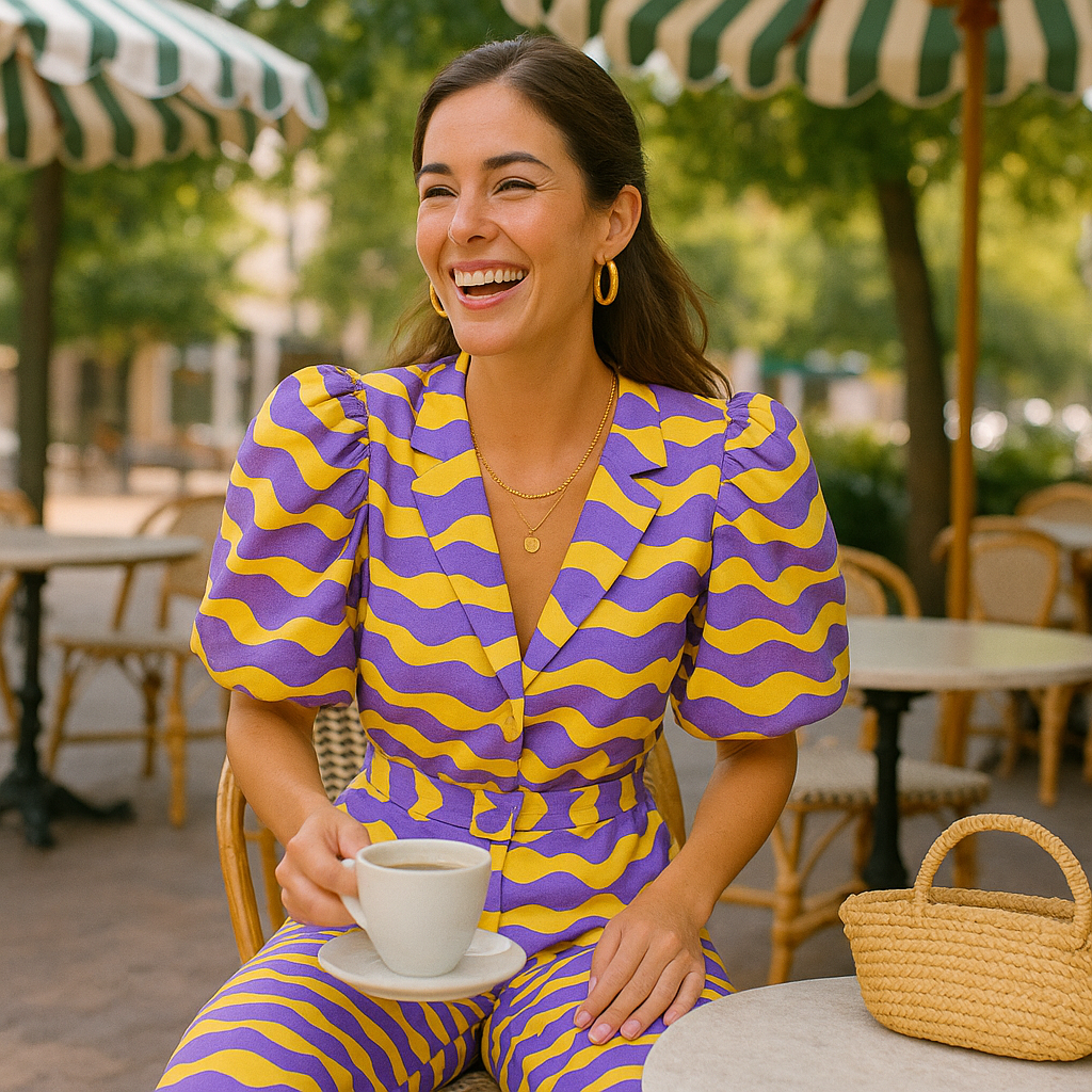 Completo Solara con maniche a sbuffo e stampa astratta viola e gialla - - astratta completo completo solara gialla maniche outfit sets sbuffo Sets solara Woman - Concept Palermo