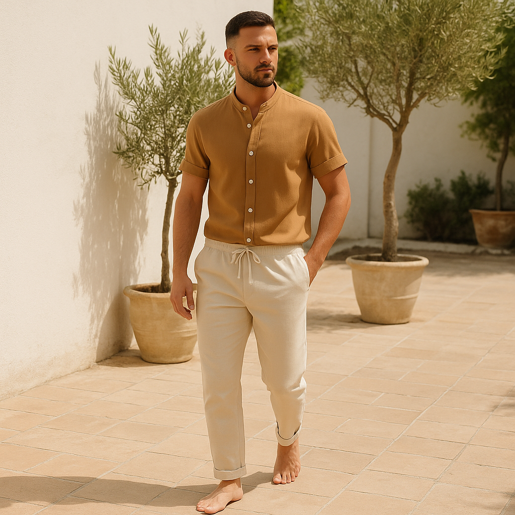 Camicia e pantaloni in lino dal taglio rilassato – Raffinatezza traspirante Uomo - - Basic beige bestsellers camicia camicia pantaloni lino man oud outfit sets pantaloni raffinatezza rilassato Solid Summer taglio - Concept Palermo