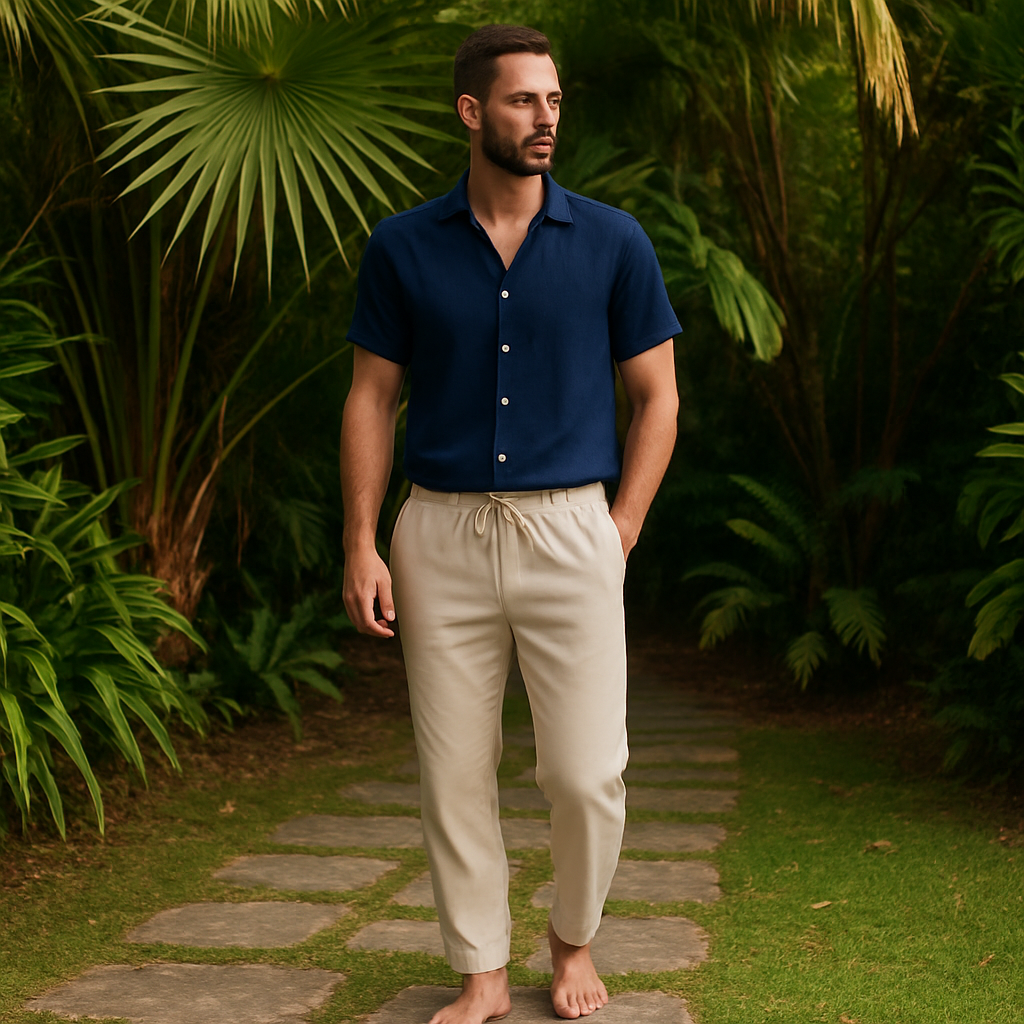 Camicia e pantaloni in lino dal taglio rilassato – Raffinatezza traspirante Uomo - - Basic beige bestsellers camicia camicia pantaloni lino man oud outfit sets pantaloni raffinatezza rilassato Solid Summer taglio - Concept Palermo