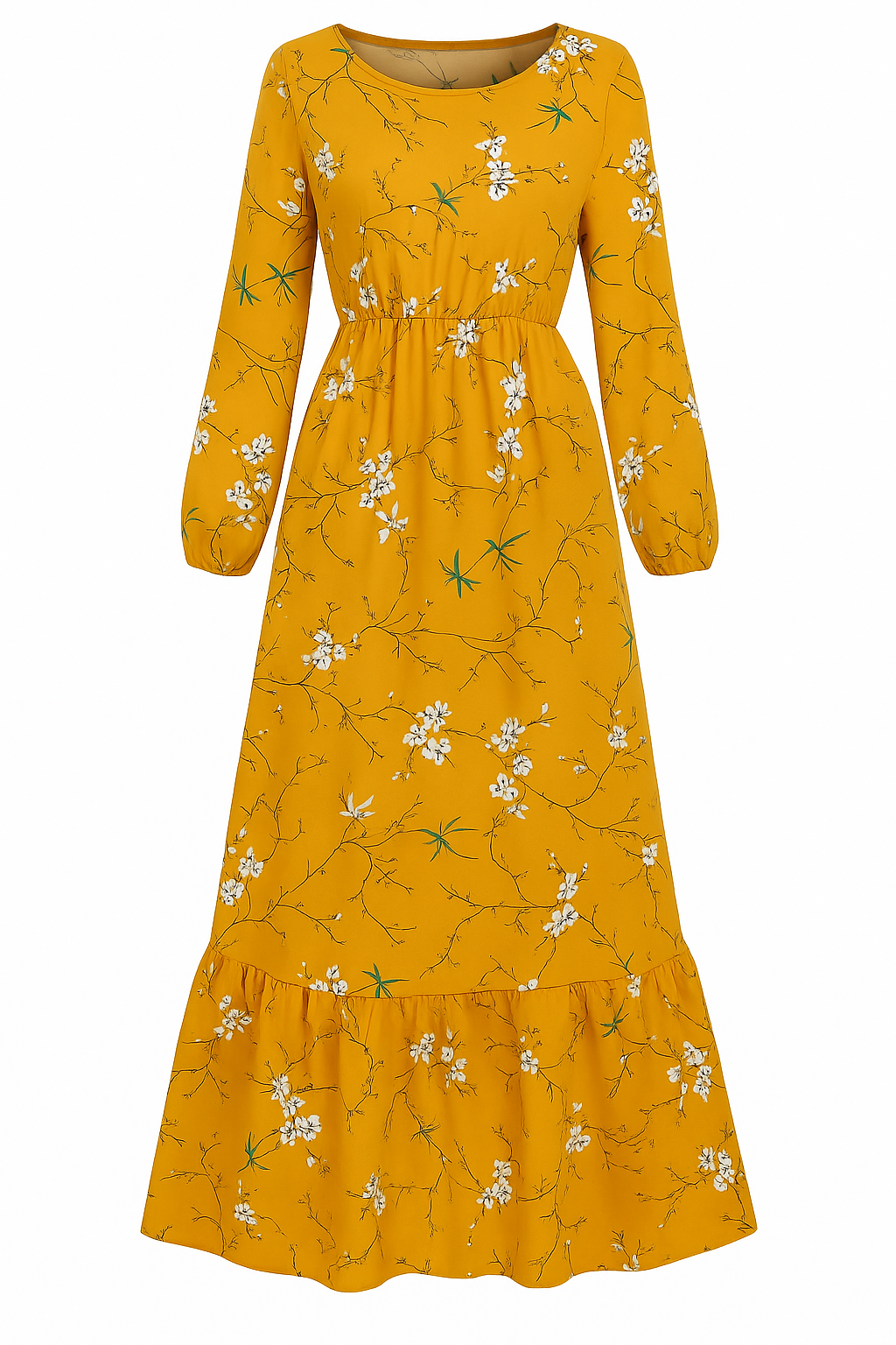 Abito Lungo Floreale Donna in Lino Boho Chic, Maniche Lunghe, Estivo - Floreale giallo - abito abito floreale casual dresses DRESS Dresses eleganza female dress floreale lino lunghe maniche Maxi Dresses - Concept Palermo