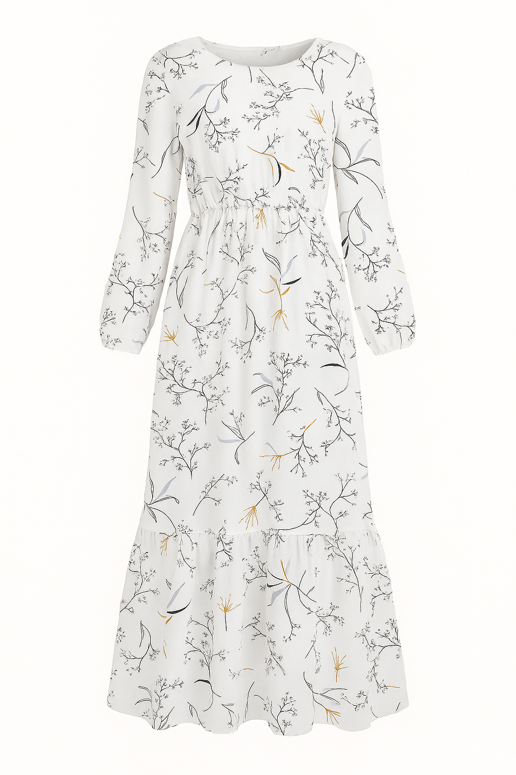 Abito Lungo Floreale Donna in Lino Boho Chic, Maniche Lunghe, Estivo - Bianco Botanico - abito abito floreale casual dresses DRESS Dresses eleganza female dress floreale lino lunghe maniche Maxi Dresses - Concept Palermo