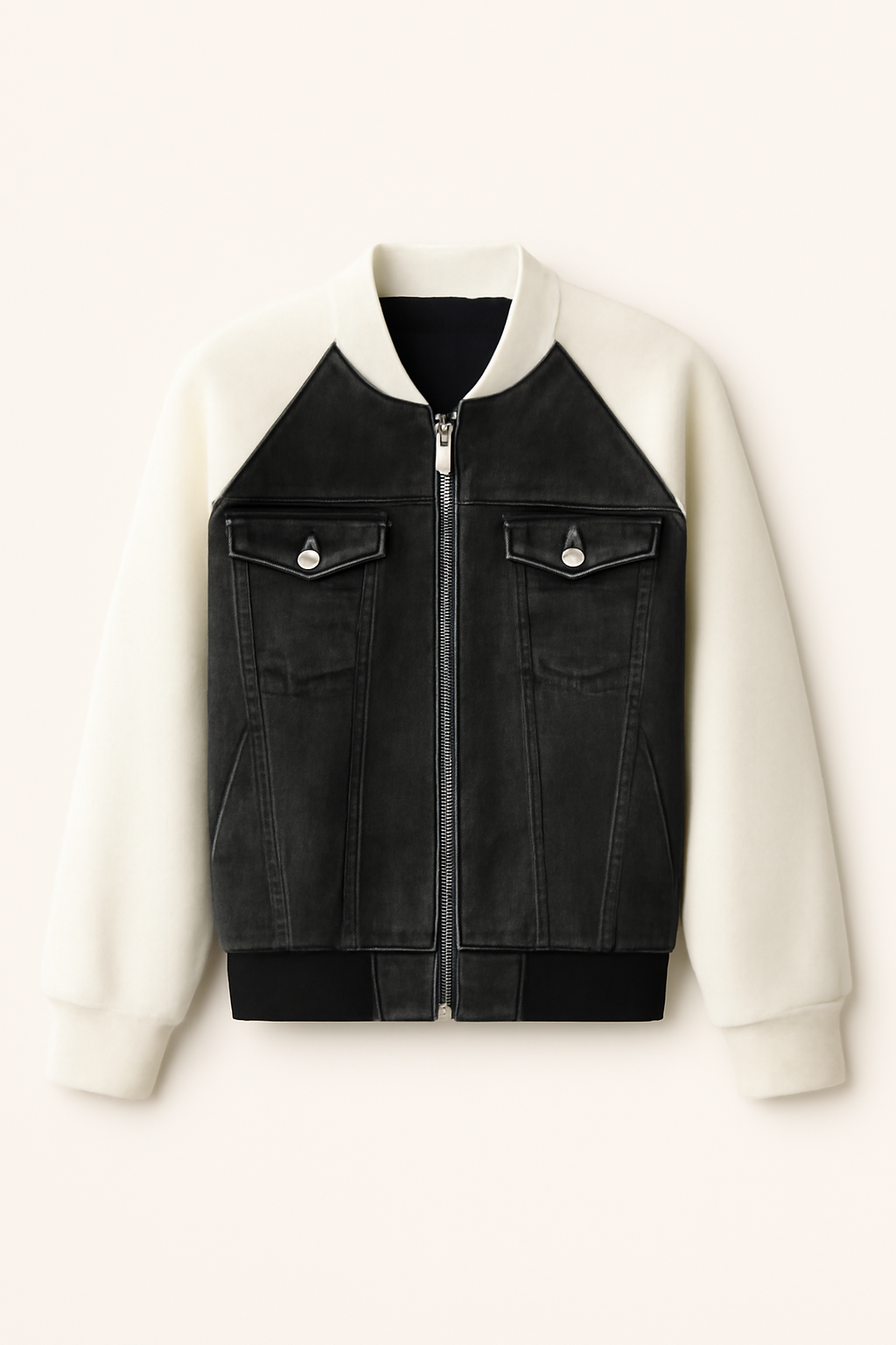 Giacca in denim color-block alla moda con comode maniche in maglia - Bianco Nera - alla block color comode denim giacca giacca denim Jackets & Coats maglia Outerwear & Jackets vrouwentops Women jackets - Concept Palermo
