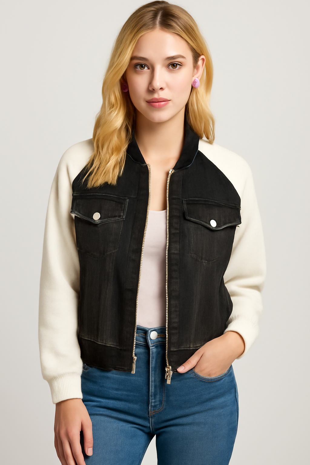 Giacca in denim color-block alla moda con comode maniche in maglia - - alla block color comode denim giacca giacca denim Jackets & Coats maglia Outerwear & Jackets vrouwentops Women jackets - Concept Palermo