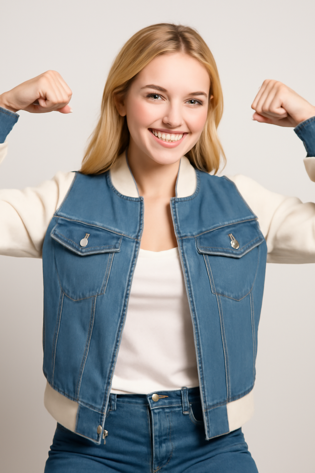 Giacca in denim color-block alla moda con comode maniche in maglia - - alla block color comode denim giacca giacca denim Jackets & Coats maglia Outerwear & Jackets vrouwentops Women jackets - Concept Palermo