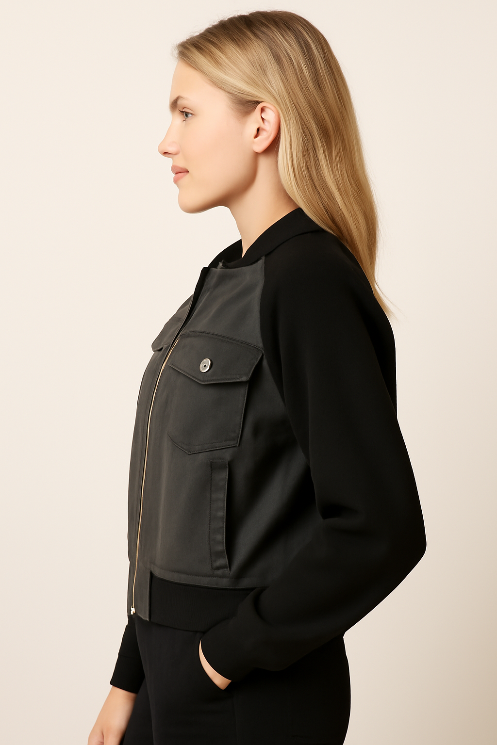 Giacca in denim color-block alla moda con comode maniche in maglia - - alla block color comode denim giacca giacca denim Jackets & Coats maglia Outerwear & Jackets vrouwentops Women jackets - Concept Palermo