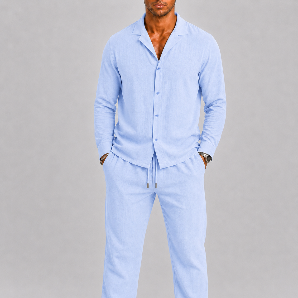 Set di lino da uomo con colletto cubano, stile estivo senza tempo - Azzurro - ademend broek set casual chic comfortabel completo lino cubaanse kraag dagelijks gebruik heren mode heren overhemd heren set lente zomer lichtgewicht linnen overhemd linnen set linnenset losse pasvorm luchtig minimalistisch overhemd set relaxte pasvorm set uomo smart casual stile estivo strand stijl tijdloos vakantie stijl veelzijdig zomer overhemd zomer set zomers - Concept Palermo