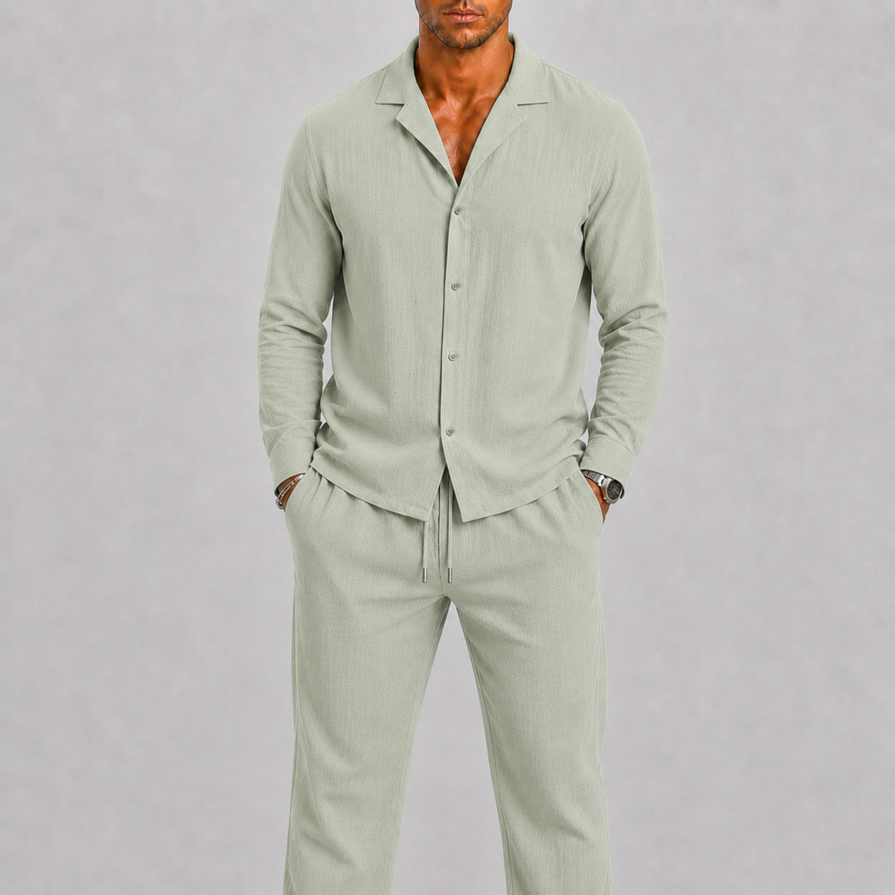 Set di lino da uomo con colletto cubano, stile estivo senza tempo - Verde chiaro - ademend broek set casual chic comfortabel completo lino cubaanse kraag dagelijks gebruik heren mode heren overhemd heren set lente zomer lichtgewicht linnen overhemd linnen set linnenset losse pasvorm luchtig minimalistisch overhemd set relaxte pasvorm set uomo smart casual stile estivo strand stijl tijdloos vakantie stijl veelzijdig zomer overhemd zomer set zomers - Concept Palermo