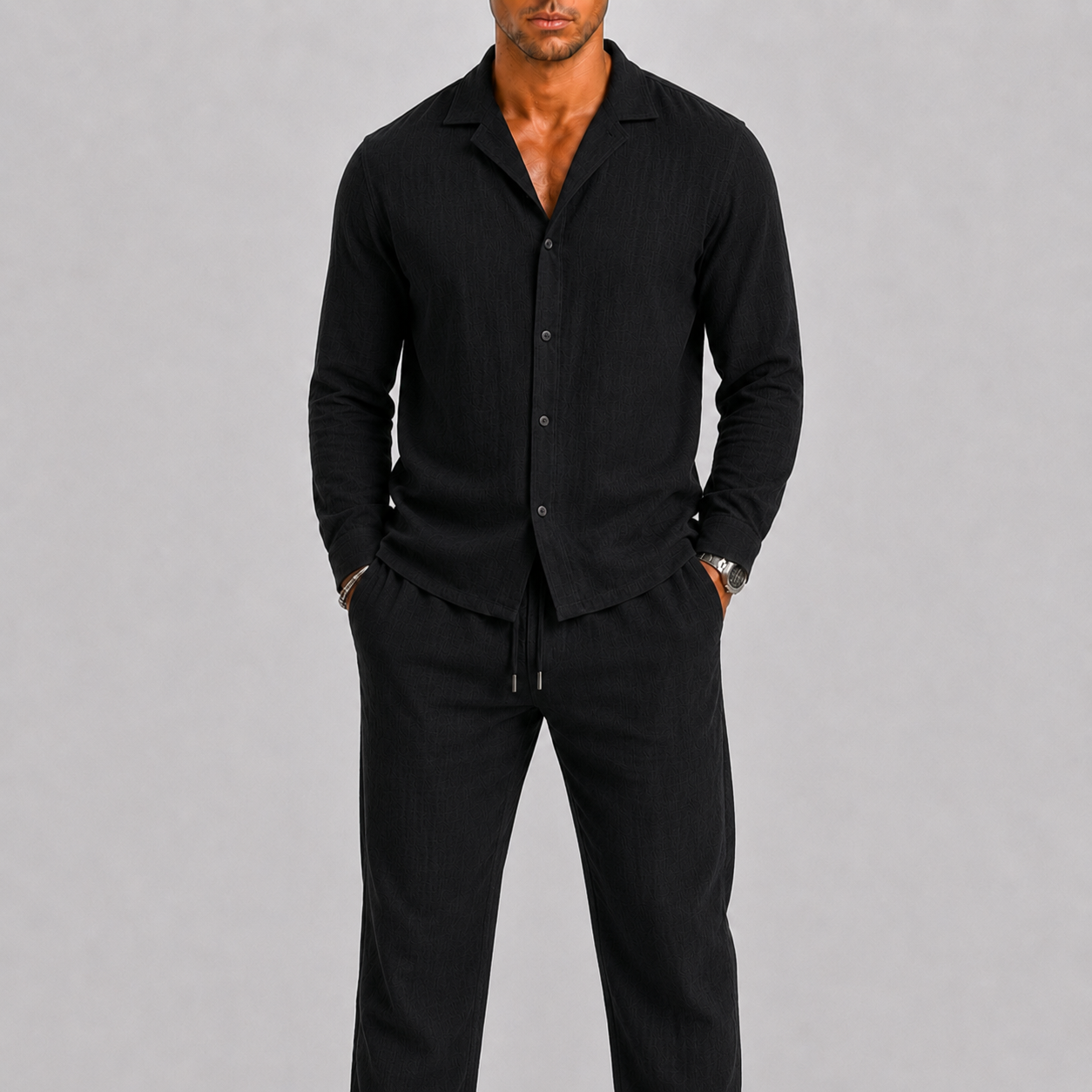 Set di lino da uomo con colletto cubano, stile estivo senza tempo - Nero - ademend broek set casual chic comfortabel completo lino cubaanse kraag dagelijks gebruik heren mode heren overhemd heren set lente zomer lichtgewicht linnen overhemd linnen set linnenset losse pasvorm luchtig minimalistisch overhemd set relaxte pasvorm set uomo smart casual stile estivo strand stijl tijdloos vakantie stijl veelzijdig zomer overhemd zomer set zomers - Concept Palermo
