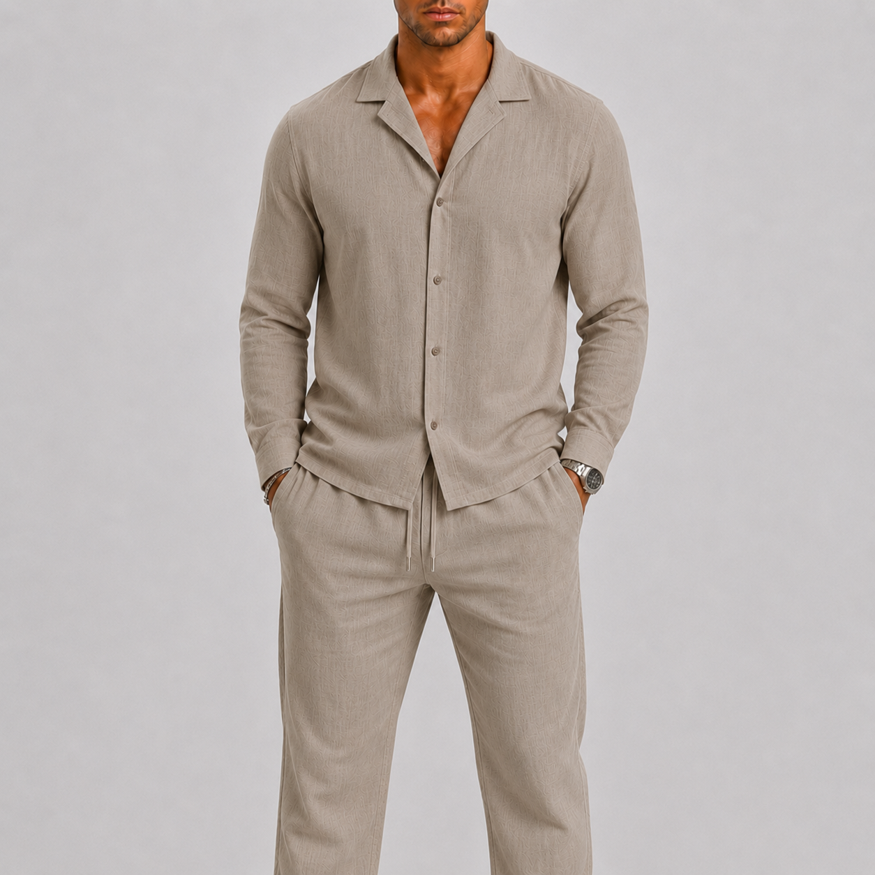 Set di lino da uomo con colletto cubano, stile estivo senza tempo - Kaki - ademend broek set casual chic comfortabel completo lino cubaanse kraag dagelijks gebruik heren mode heren overhemd heren set lente zomer lichtgewicht linnen overhemd linnen set linnenset losse pasvorm luchtig minimalistisch overhemd set relaxte pasvorm set uomo smart casual stile estivo strand stijl tijdloos vakantie stijl veelzijdig zomer overhemd zomer set zomers - Concept Palermo