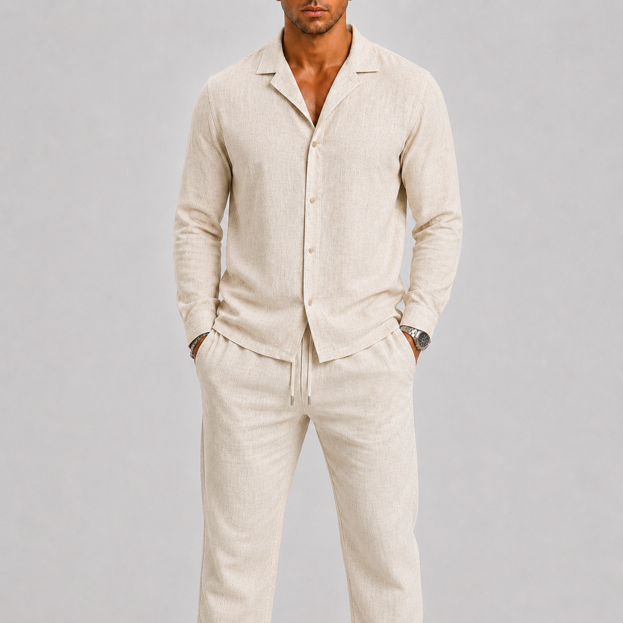 Set di lino da uomo con colletto cubano, stile estivo senza tempo - Beige - ademend broek set casual chic comfortabel completo lino cubaanse kraag dagelijks gebruik heren mode heren overhemd heren set lente zomer lichtgewicht linnen overhemd linnen set linnenset losse pasvorm luchtig minimalistisch overhemd set relaxte pasvorm set uomo smart casual stile estivo strand stijl tijdloos vakantie stijl veelzijdig zomer overhemd zomer set zomers - Concept Palermo