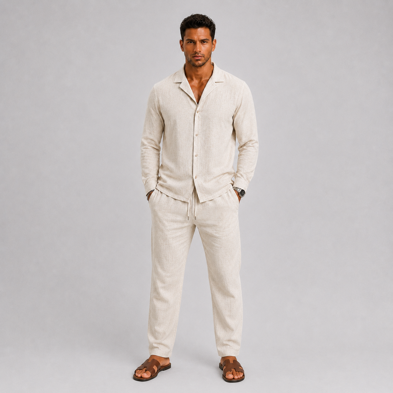 Set di lino da uomo con colletto cubano, stile estivo senza tempo - - ademend broek set casual chic comfortabel completo lino cubaanse kraag dagelijks gebruik heren mode heren overhemd heren set lente zomer lichtgewicht linnen overhemd linnen set linnenset losse pasvorm luchtig minimalistisch overhemd set relaxte pasvorm set uomo smart casual stile estivo strand stijl tijdloos vakantie stijl veelzijdig zomer overhemd zomer set zomers - Concept Palermo