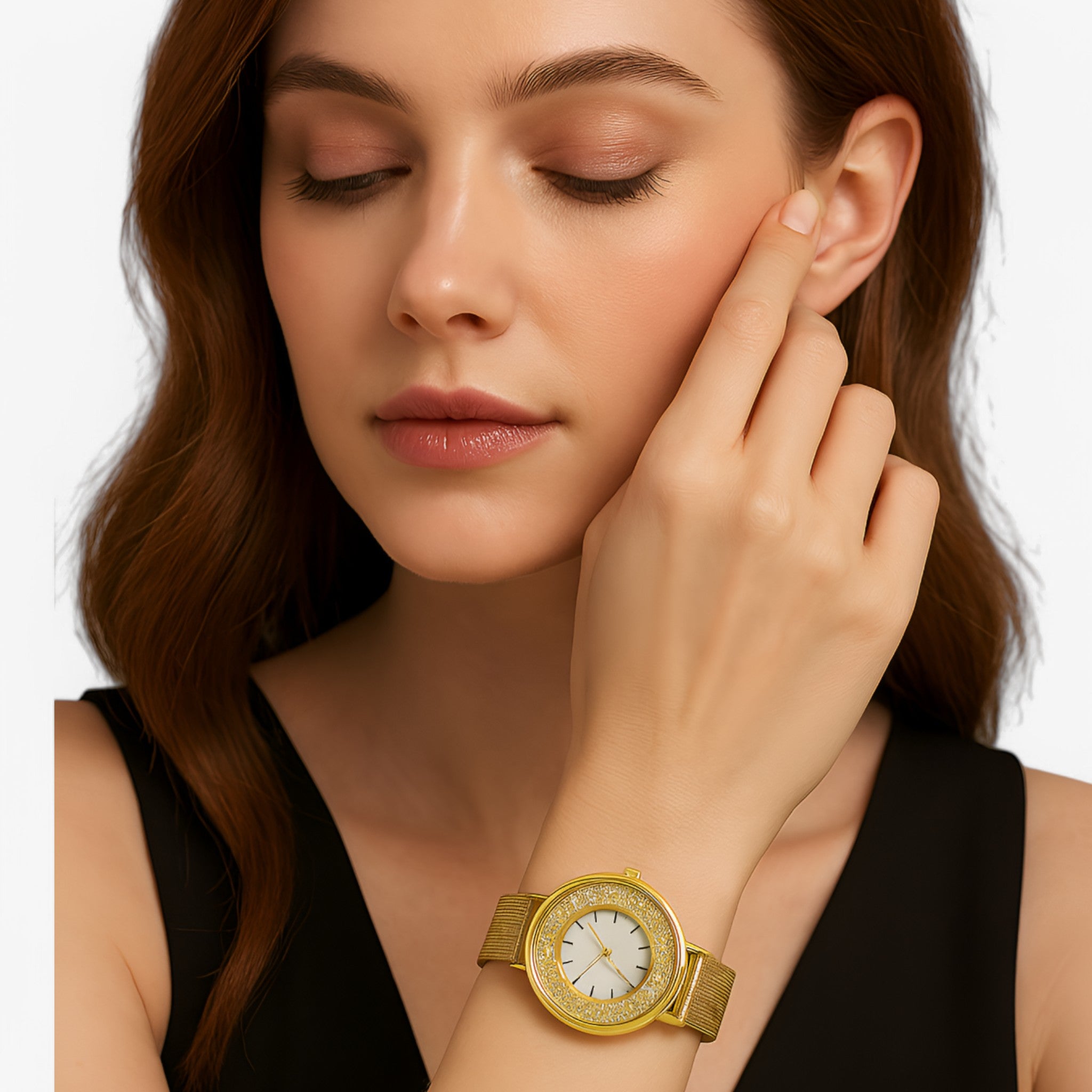 Orologio da donna in acciaio con finitura oro rosa e bracciale in maglia di strass - - acciaio bracciale donna female watch finitura maglia orologio orologio donna strass watch for women - Concept Palermo