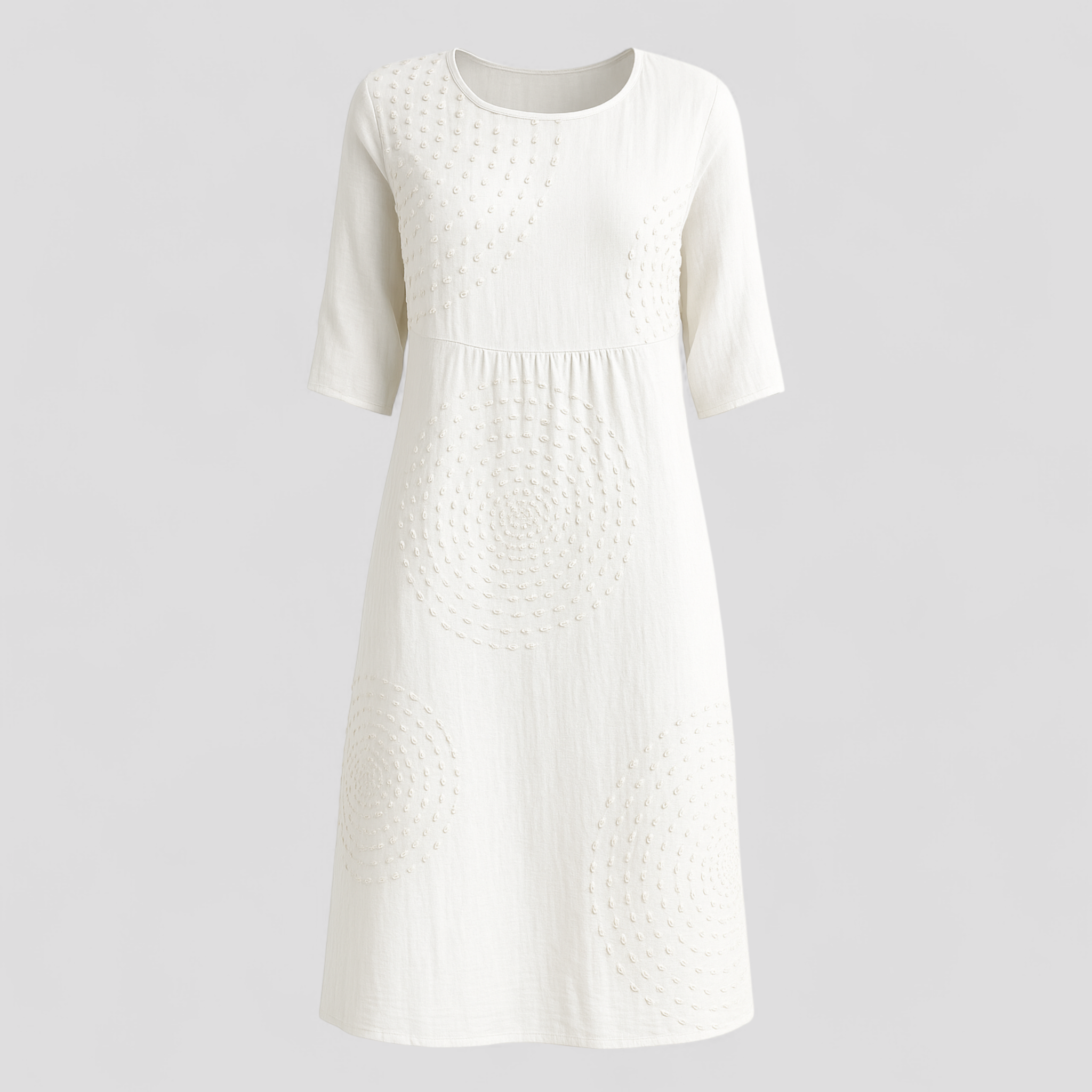Abito Estivo Donna Floreale in Lino Leggero, Taglie S-XL - Bianco - abito abito donna abito estivo donna dresses elegante estivo ideale per ogni occasione look vacanziero maniche al gomito scollo rotondo stile casual taglie disponibili tessuto leggero texture delicata versatile - Concept Palermo