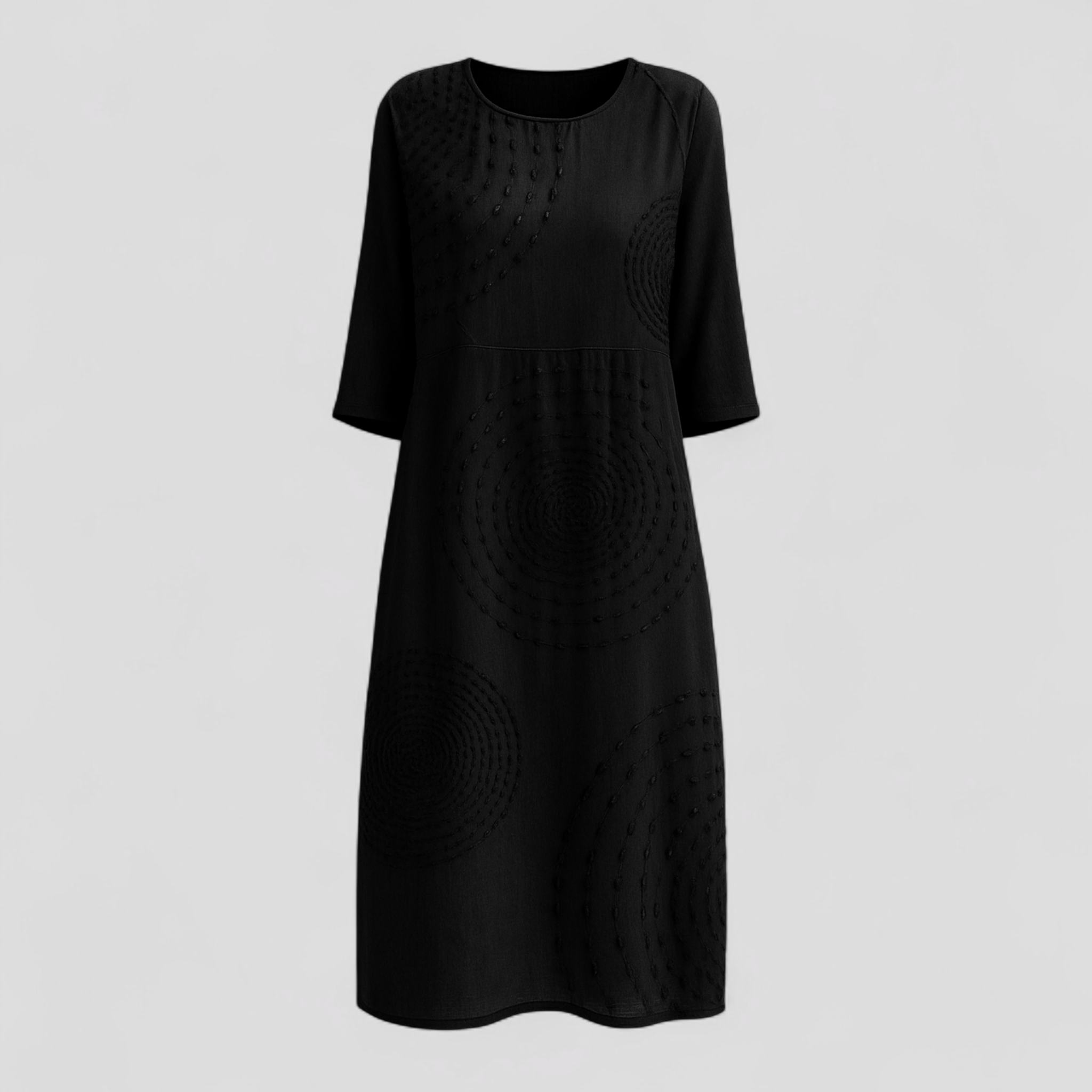 Abito Estivo Donna Floreale in Lino Leggero, Taglie S-XL - Nero - abito abito donna abito estivo donna dresses elegante estivo ideale per ogni occasione look vacanziero maniche al gomito scollo rotondo stile casual taglie disponibili tessuto leggero texture delicata versatile - Concept Palermo