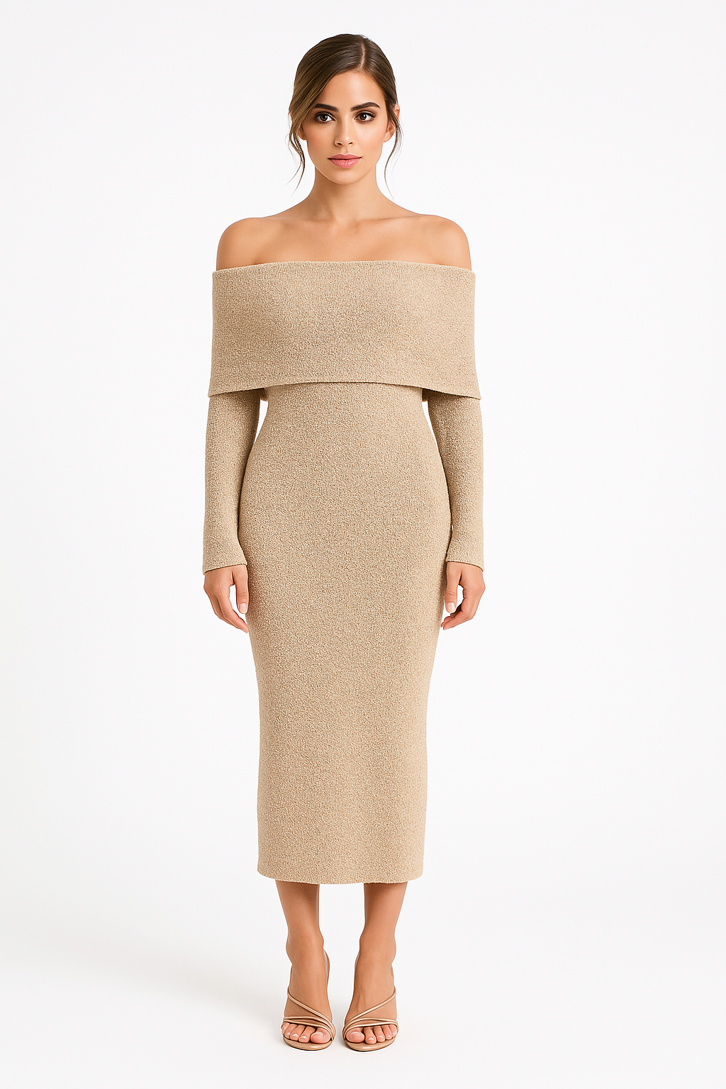 Vestido midi de punto bouclé sin tirantes en color topo para mujer