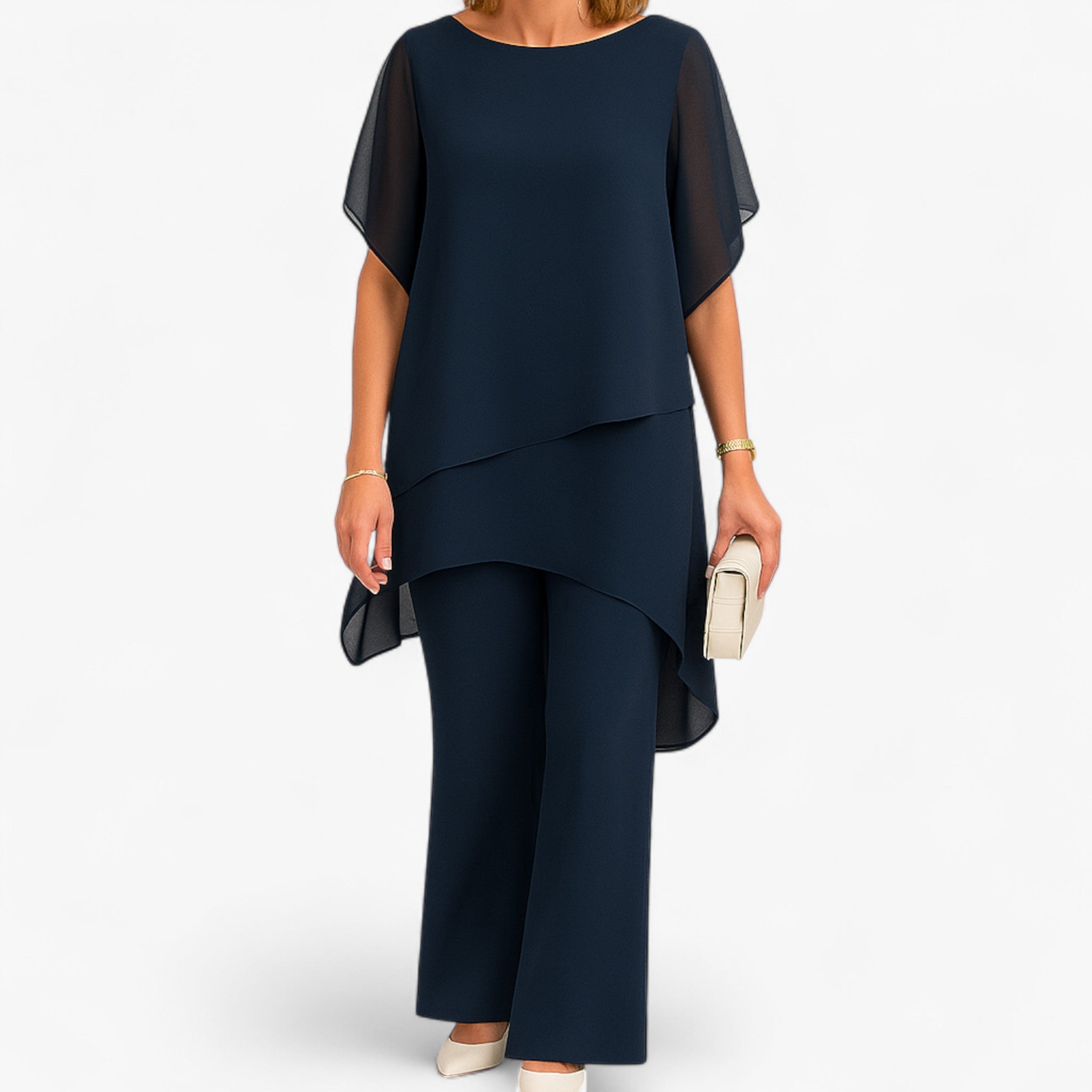 Conjunto top de gasa y pantalones de pierna ancha elegante para mujer