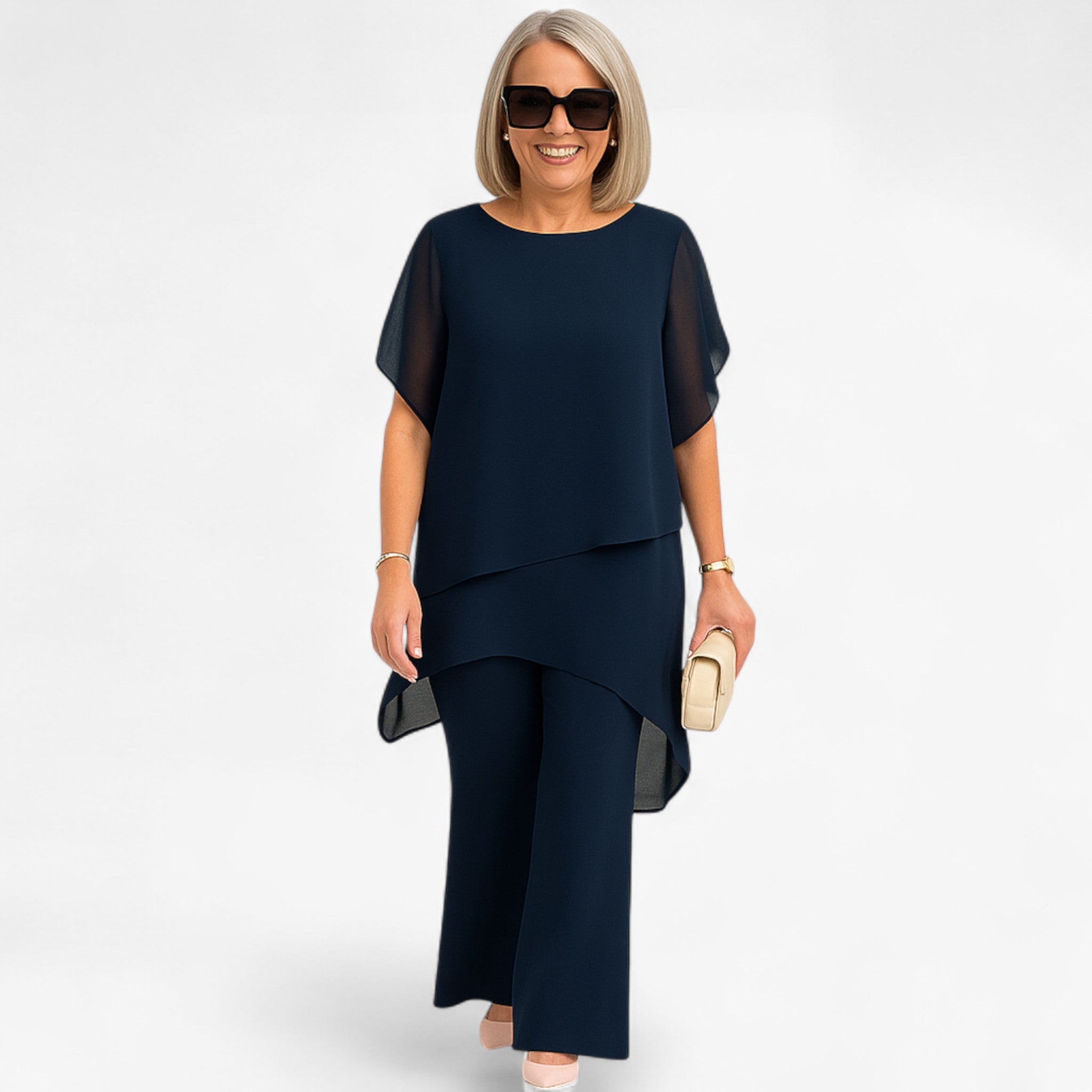 Conjunto top de gasa y pantalones de pierna ancha elegante para mujer