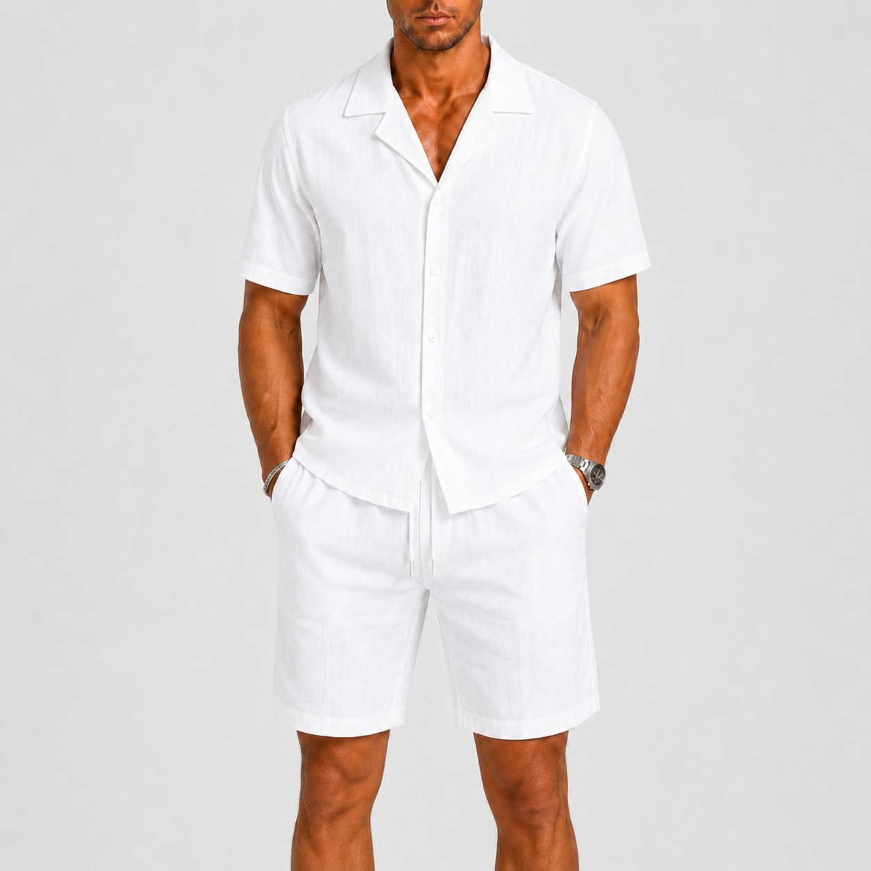 Completo in Lino da Uomo Eleganza Estiva Rilassata - Bianco - ademend camp collar casual chic comfortabel completo uomo diner outfit elastische taille ele heren mode heren set lente zomer lichtgewicht linnen set linnenmix lino luchtig lunelle matching set minimalistisch overhemd set relaxte pasvorm short set smart casual strand stijl tijdloos trekkoord vakantie stijl veelzijdig zomers zomerset - Concept Palermo