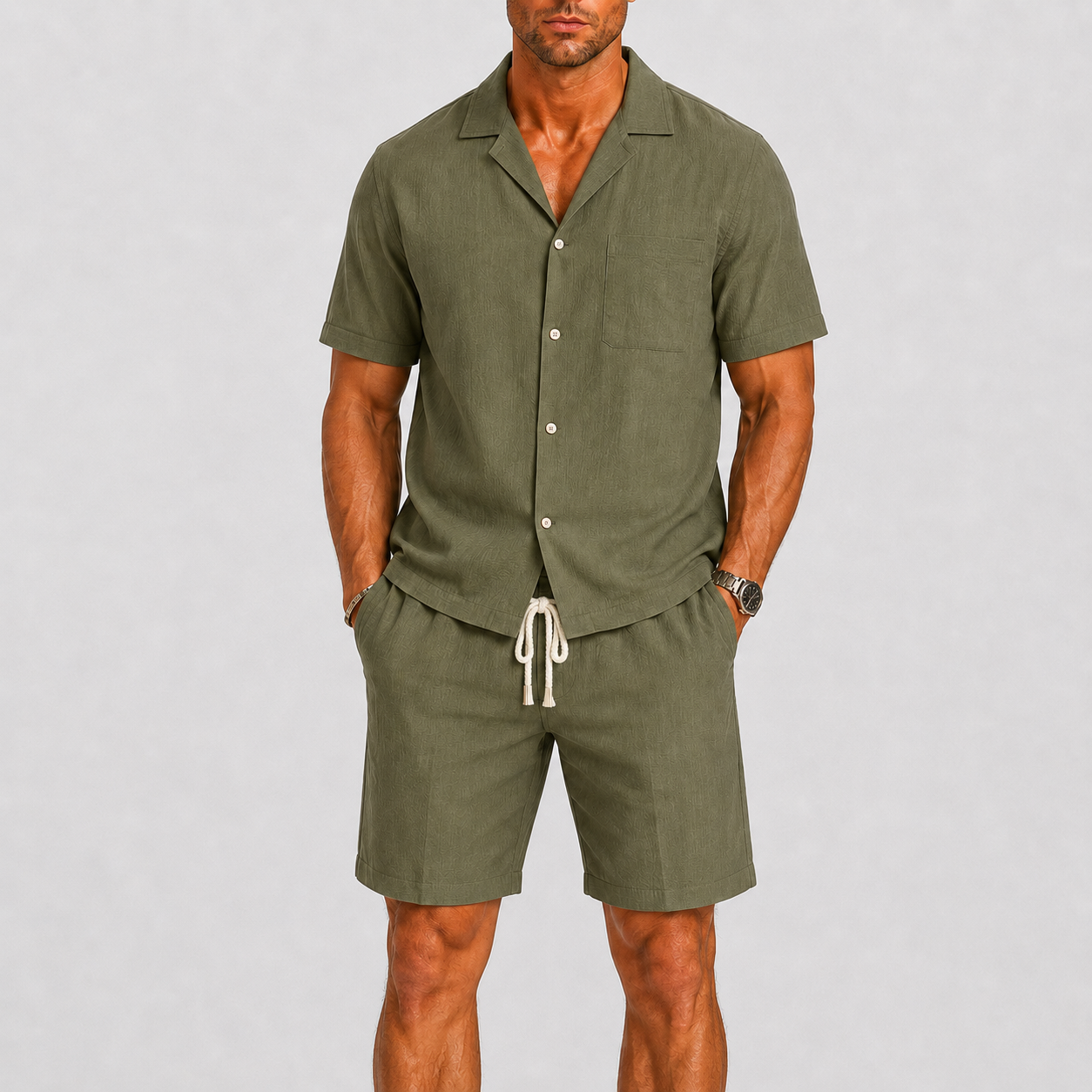 Set Estivo da Uomo Camicia e Pantaloncini - Verde - ademend camicia pantalon casual casual chic comfortabel completo estivo dagelijks gebruik elastische taille heren mode heren set korte broek set lente zomer lichtgewicht lounge outfit lunelle minimalistisch overhemd korte mouwen overhemd set reis outfit relaxte pasvorm set uomo short set smart casual strand stijl vakantie stijl veelzijdig zomers zomerset - Concept Palermo
