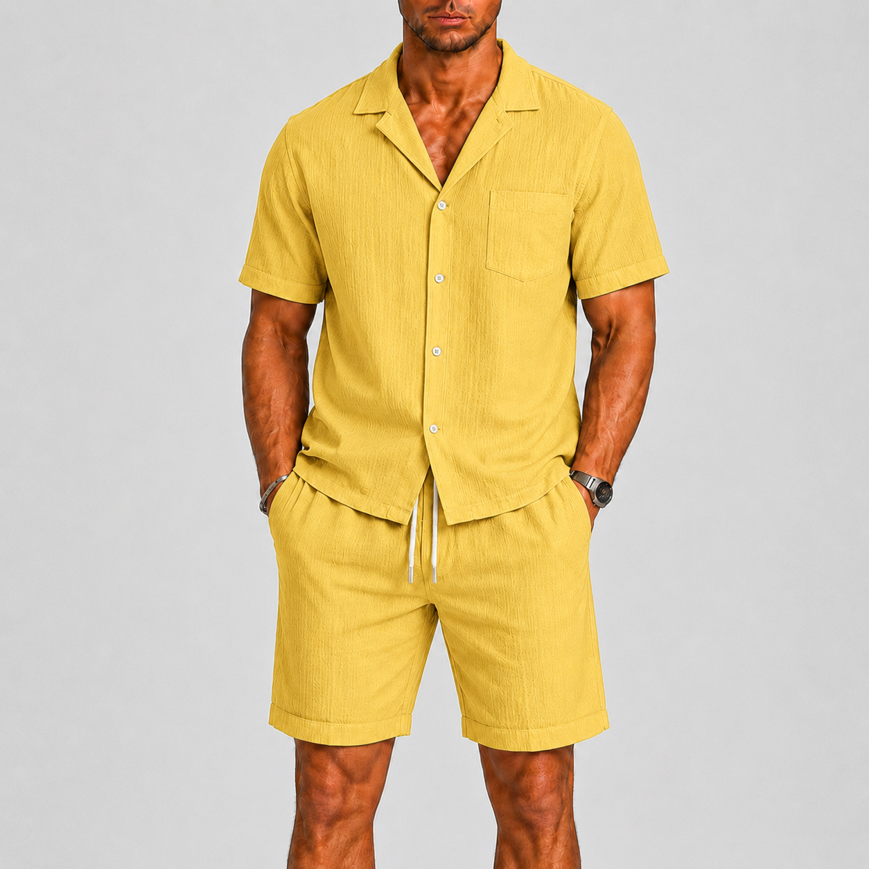 Set Estivo da Uomo Camicia e Pantaloncini - Giallo - ademend camicia pantalon casual casual chic comfortabel completo estivo dagelijks gebruik elastische taille heren mode heren set korte broek set lente zomer lichtgewicht lounge outfit lunelle minimalistisch overhemd korte mouwen overhemd set reis outfit relaxte pasvorm set uomo short set smart casual strand stijl vakantie stijl veelzijdig zomers zomerset - Concept Palermo