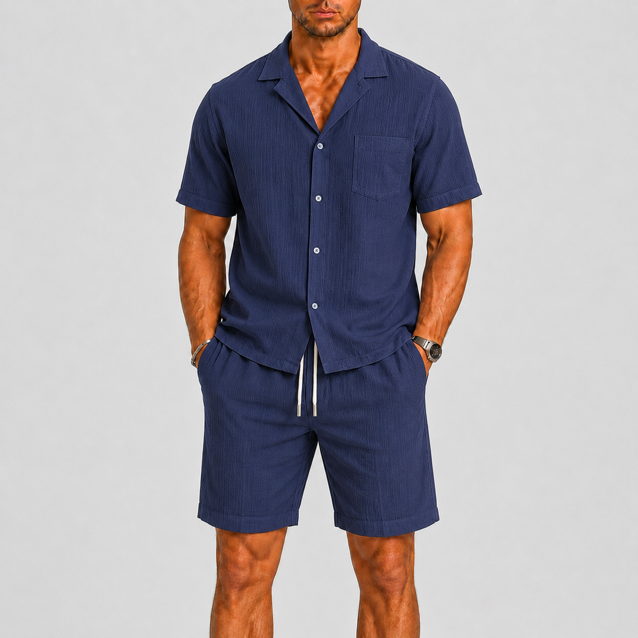 Set Estivo da Uomo Camicia e Pantaloncini - Blu - ademend camicia pantalon casual casual chic comfortabel completo estivo dagelijks gebruik elastische taille heren mode heren set korte broek set lente zomer lichtgewicht lounge outfit lunelle minimalistisch overhemd korte mouwen overhemd set reis outfit relaxte pasvorm set uomo short set smart casual strand stijl vakantie stijl veelzijdig zomers zomerset - Concept Palermo