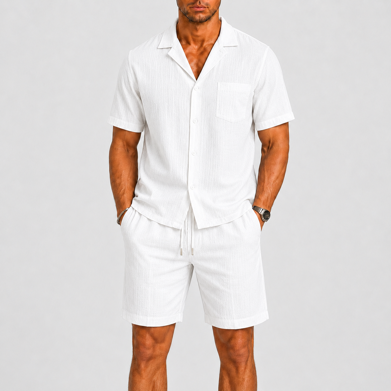 Set Estivo da Uomo Camicia e Pantaloncini - Bianco - ademend camicia pantalon casual casual chic comfortabel completo estivo dagelijks gebruik elastische taille heren mode heren set korte broek set lente zomer lichtgewicht lounge outfit lunelle minimalistisch overhemd korte mouwen overhemd set reis outfit relaxte pasvorm set uomo short set smart casual strand stijl vakantie stijl veelzijdig zomers zomerset - Concept Palermo