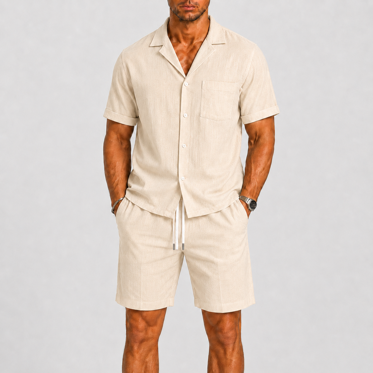 Set Estivo da Uomo Camicia e Pantaloncini - Beige - ademend camicia pantalon casual casual chic comfortabel completo estivo dagelijks gebruik elastische taille heren mode heren set korte broek set lente zomer lichtgewicht lounge outfit lunelle minimalistisch overhemd korte mouwen overhemd set reis outfit relaxte pasvorm set uomo short set smart casual strand stijl vakantie stijl veelzijdig zomers zomerset - Concept Palermo