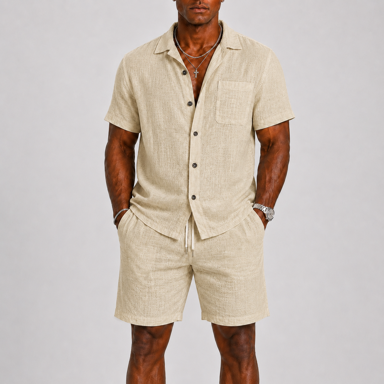 Completo Lino da Uomo Camicia e Pantaloncini - Beige - ademend borstzak casual casual chic comfortabel completo uomo elastische taille heren mode heren set korte broek set lente zomer lichtgewicht linnen katoen linnen set losse pasvorm lunelle minimalistisch overhemd korte mouwen overhemd set relaxte pasvorm set lino short set strand stijl terras outfit veelzijdig zomers zomerset - Concept Palermo