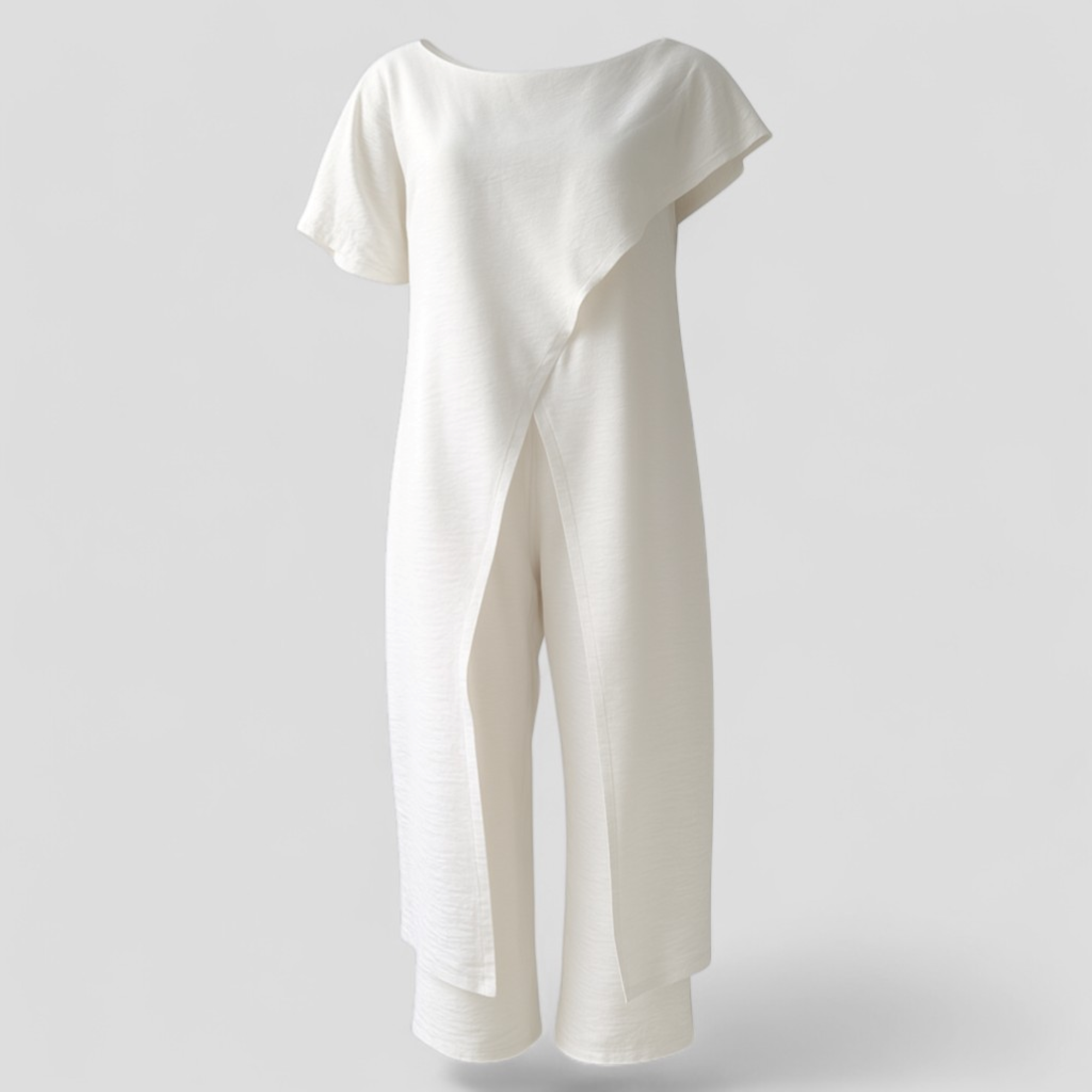 Completo Donna Elegante Top Crop e Pantaloni Vita Alta - Tuta Estiva Casual - Bianco - abbigliamento femminile completo completo donna donna look moderno materiale leggero outfit estivo outfit sets pantaloni pantaloni di moda set coordinato set elegante stile versatile top asimmetrico top senza spalline - Concept Palermo