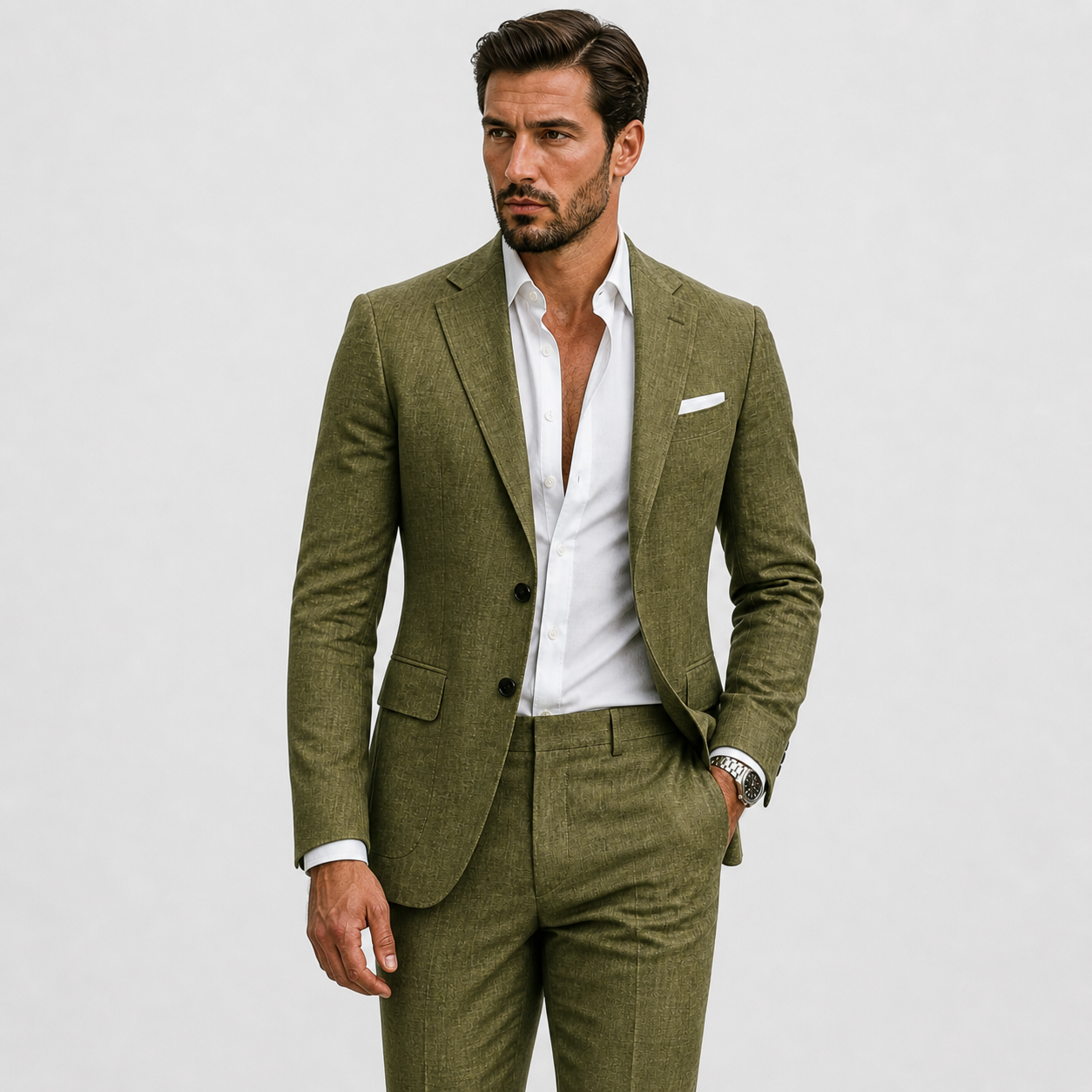 Abito in Lino da Uomo Slim-Fit Eleganza Estiva - Verde Oliva - abito uomo ademend bruiloft outfit elegant fav formeel heren heren linnen heren mode heren pak Lente lente zomer lichtgewicht Linnen linnen pak lino minimalistisch sets Sets heren Slim Fit smart casual tijdloos Truien & Vesten heren veelzijdig zakelijke kleding Zakelijke sets heren Zomer zomer pak zomers - Concept Palermo