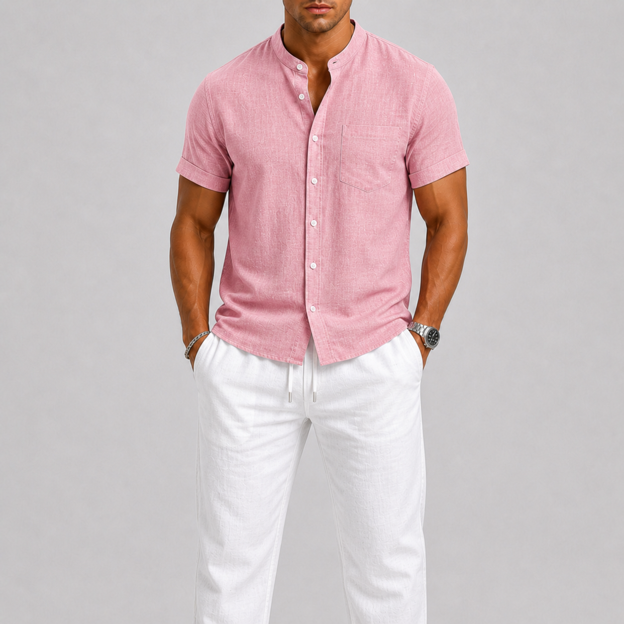 Completo di Lino da Uomo Camicia e Pantaloni Stile Estivo Leggero - Rosa - ademend camicia pantal casual chic comfortabel completo uomo dagelijks gebruik heren mode heren set lente zomer lichtgewicht linnen set lino losse pasvorm luchtig minimalistisch overhemd set oversized fit pantalon set smart casual strand stijl tijdloos vakantie stijl veelzijdig zomer set zomers - Concept Palermo