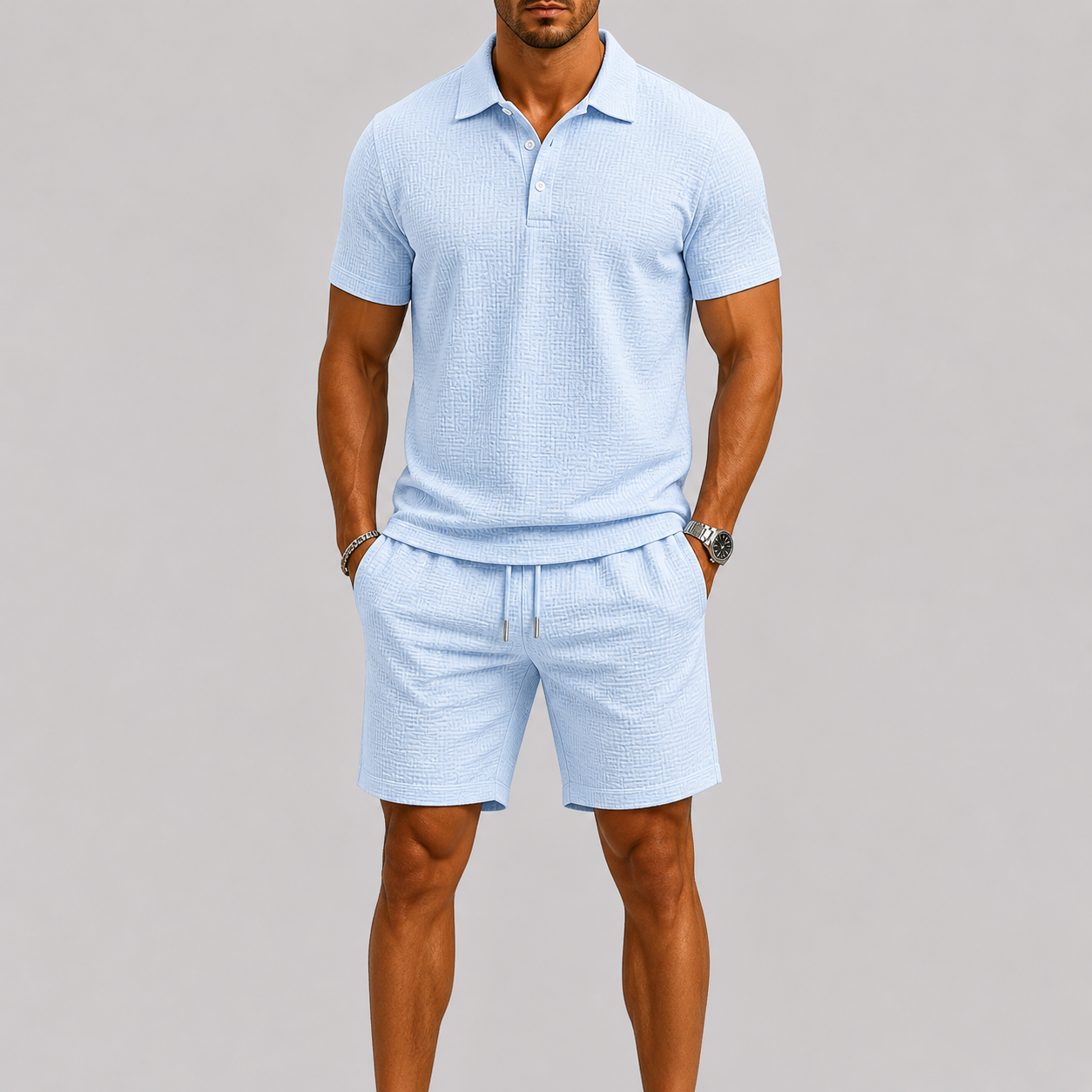 Set Estivo da Uomo con Camicia e Pantaloncini Jacquard, Vestibilità Comoda ed Elegante - Blu - ademend camicia pant casual chic comfort fit completo estivo dagelijks gebruik heren mode heren set jacquard set lente zomer lichtgewicht losse pasvorm minimalistisch modern overhemd set set uomo short set smart casual stijlvol strand stijl vakantie stijl veelzijdig zomer outfit zomers zomerset - Concept Palermo