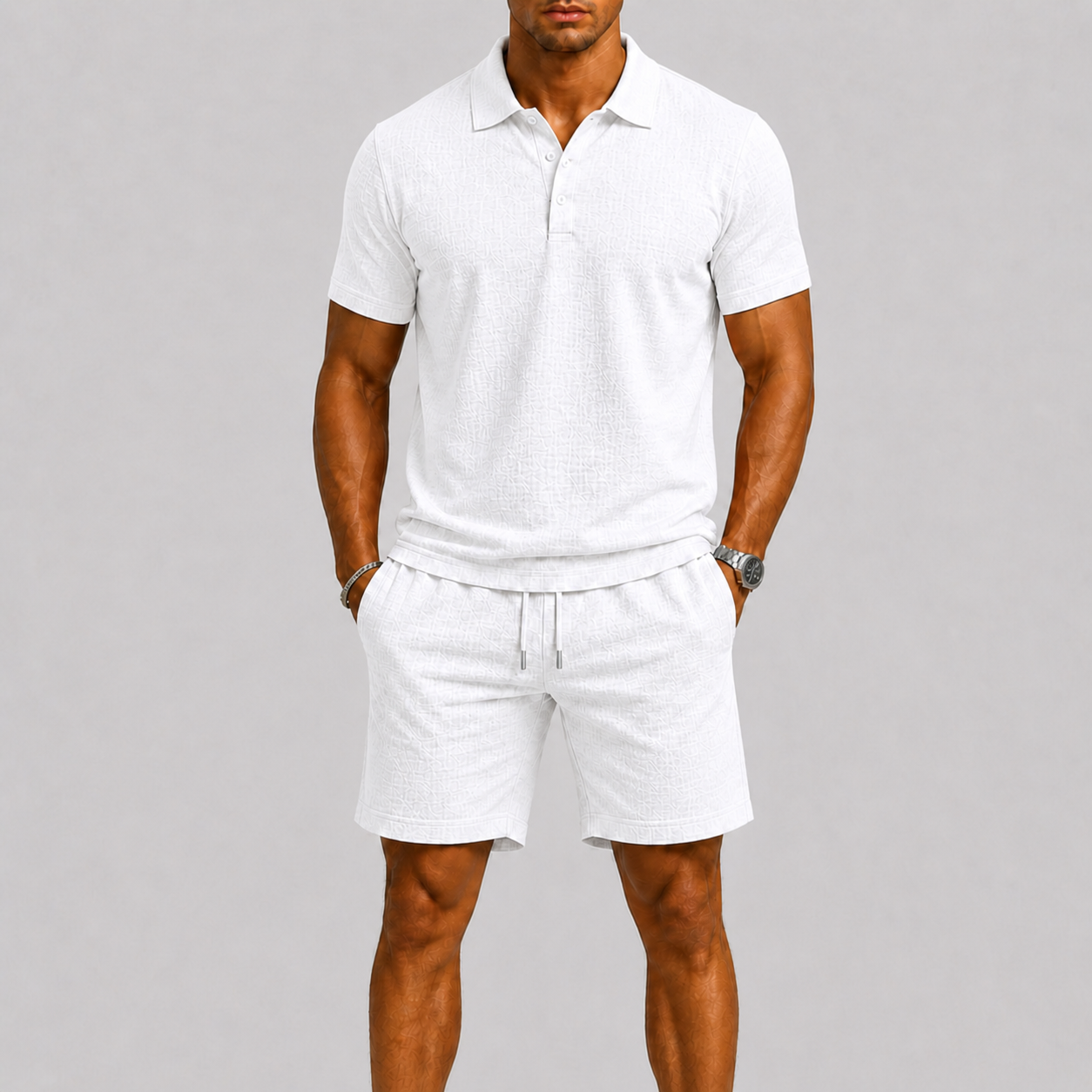 Set Estivo da Uomo con Camicia e Pantaloncini Jacquard, Vestibilità Comoda ed Elegante - Bianco - ademend camicia pant casual chic comfort fit completo estivo dagelijks gebruik heren mode heren set jacquard set lente zomer lichtgewicht losse pasvorm minimalistisch modern overhemd set set uomo short set smart casual stijlvol strand stijl vakantie stijl veelzijdig zomer outfit zomers zomerset - Concept Palermo