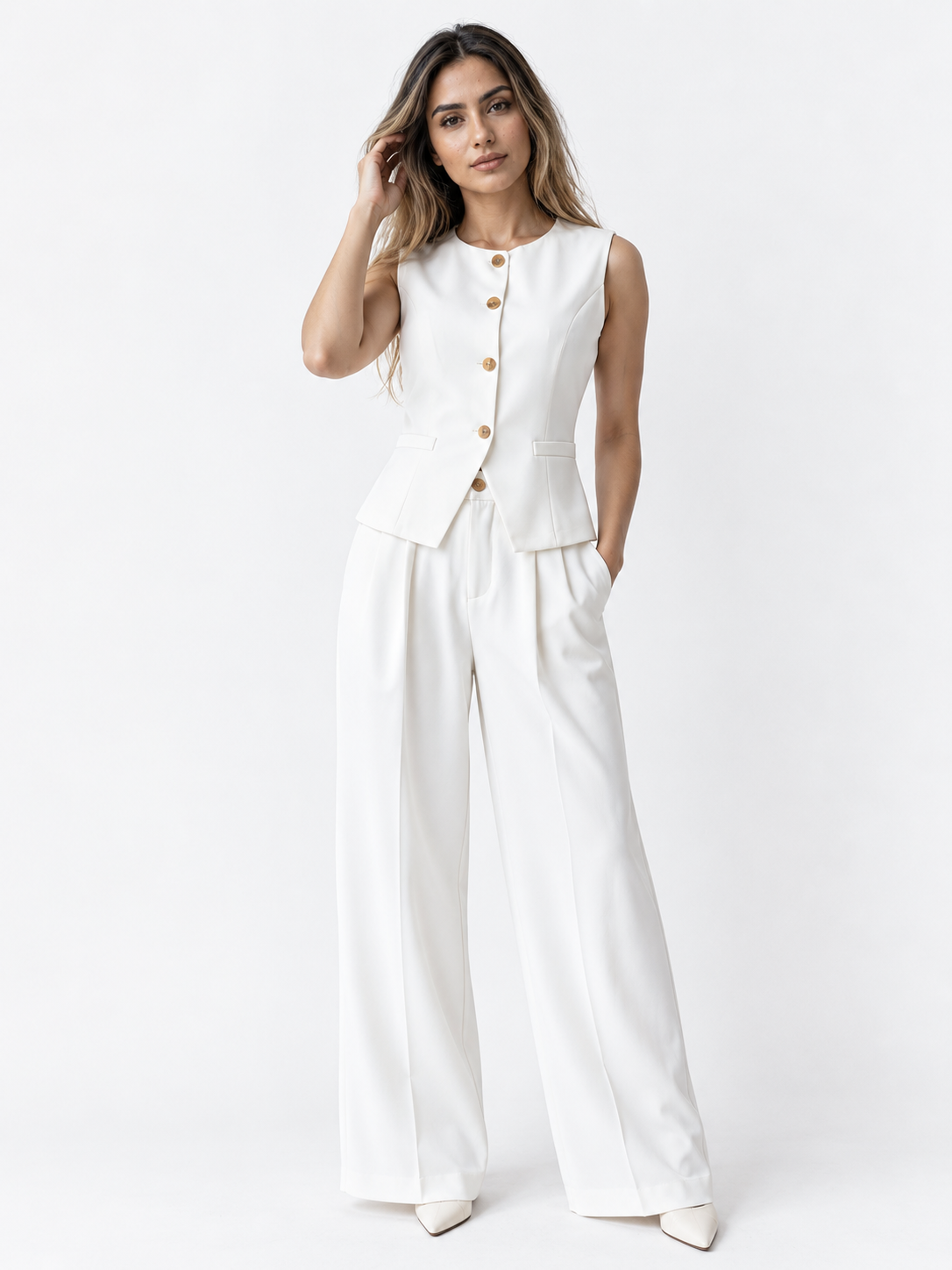Elegant hvidt hør sæt til kvinder med bukser og bluse til sommer
