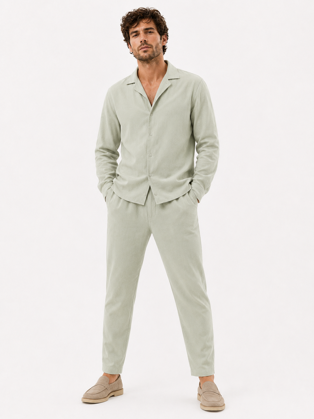Completo Uomo Casual Estivo in Cotone - Camicia e Pantaloni Leggeri Due Pezzi - Verde chiaro - ademend broek set casual chic comfortabel completo lino cubaanse kraag dagelijks gebruik heren mode heren overhemd heren set lente zomer lichtgewicht linnen overhemd linnen set linnenset losse pasvorm luchtig minimalistisch overhemd set relaxte pasvorm set uomo smart casual stile estivo strand stijl tijdloos vakantie stijl veelzijdig zomer overhemd zomer set zomers - Concept Palermo