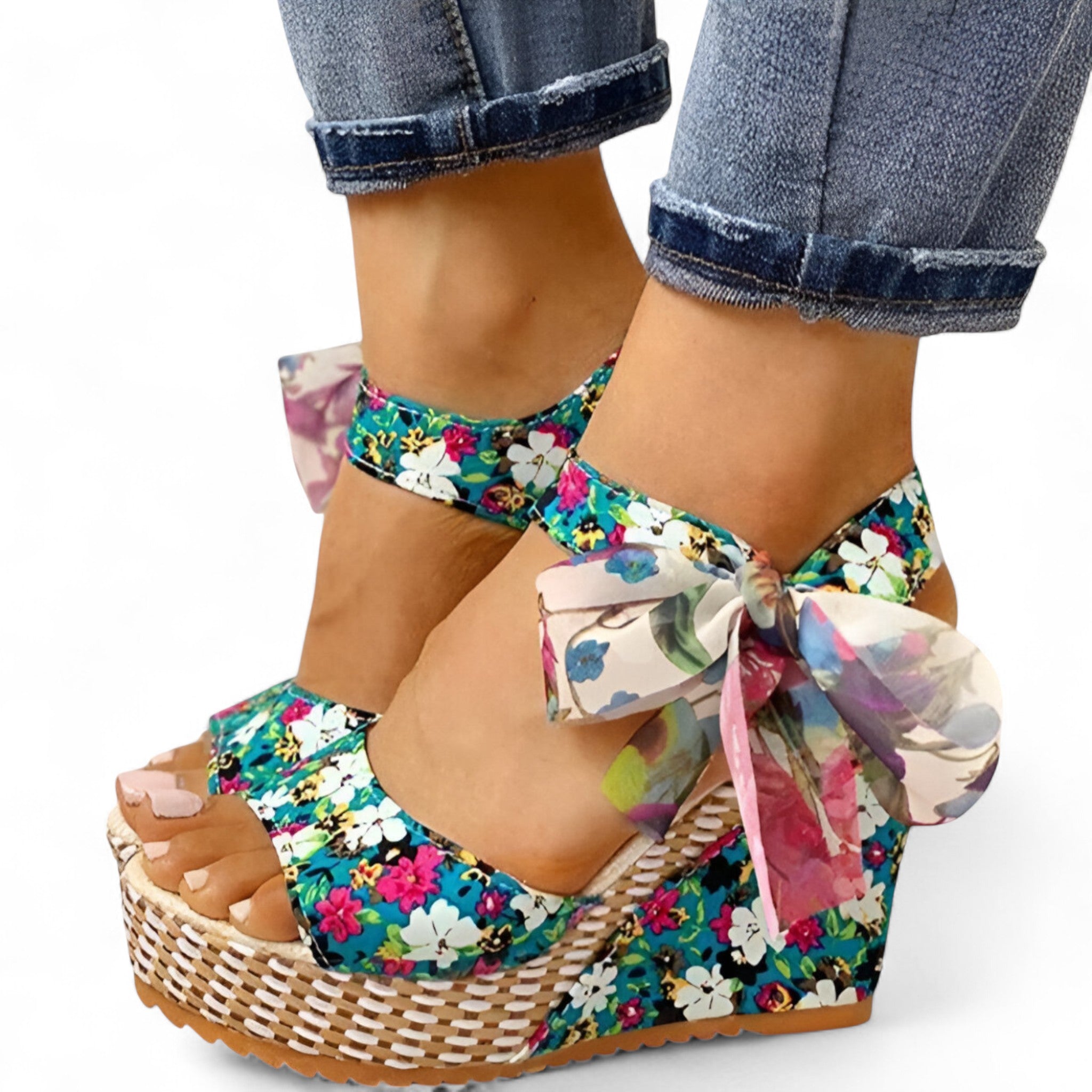 Sandalias florales cómodas para mujer en piel con cuña baja
