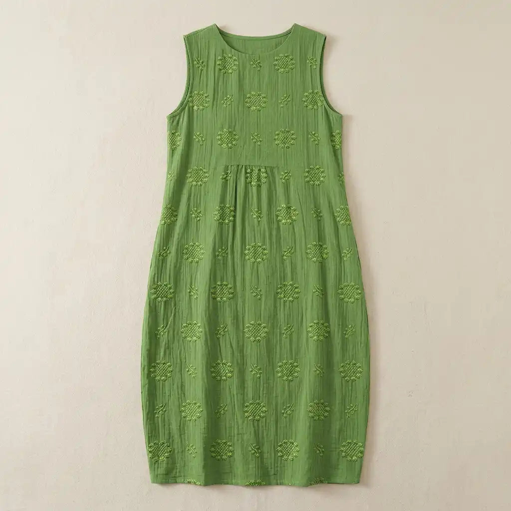 Élodie | Abito oversize elegante senza maniche con ricami per un look sofisticato - Verde - abito abito elegante abito estivo abito ricamato abito senza maniche dresses look maniche oversize ricami sofisticato stile boho vestito donna élodie - Concept Palermo