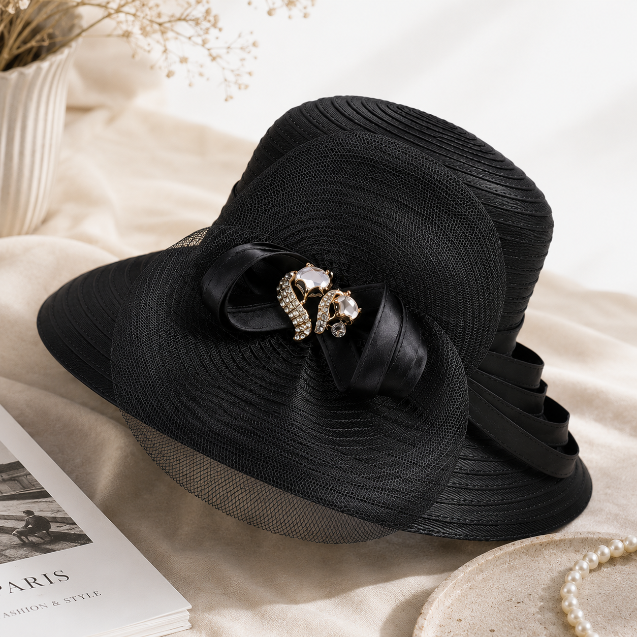Fascinator Donna Elegante Raso Tesa Larga per Matrimonio e Cerimonie Speciali - Nero 56 fino a 58cm - bordo cappello cappello festa festa hat Hat for girls largo nuziale satin sun hat Sun Hats women hat women's hat - Concept Palermo