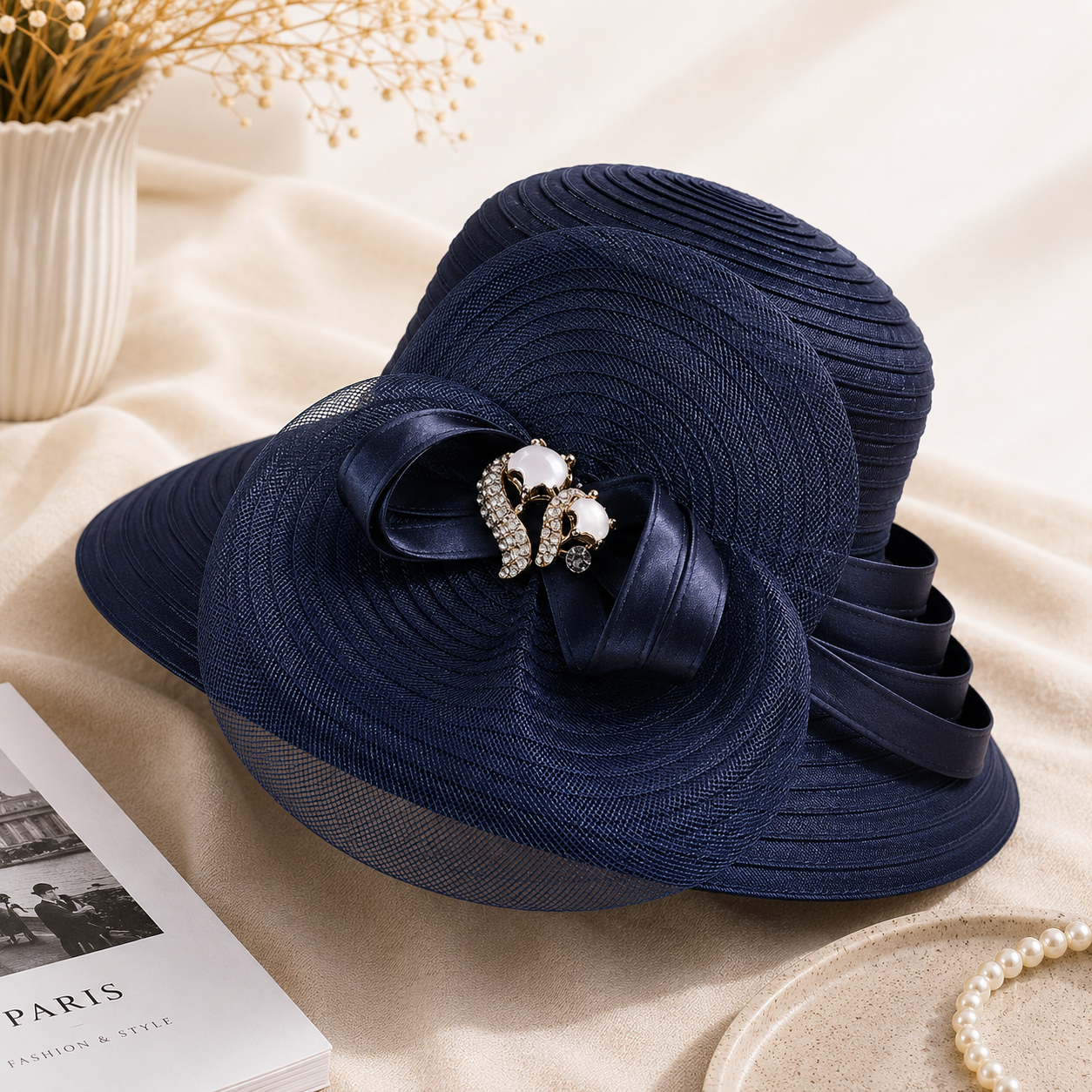 Fascinator Donna Elegante Raso Tesa Larga per Matrimonio e Cerimonie Speciali - Blu marina 56 fino a 58cm - bordo cappello cappello festa festa hat Hat for girls largo nuziale satin sun hat Sun Hats women hat women's hat - Concept Palermo