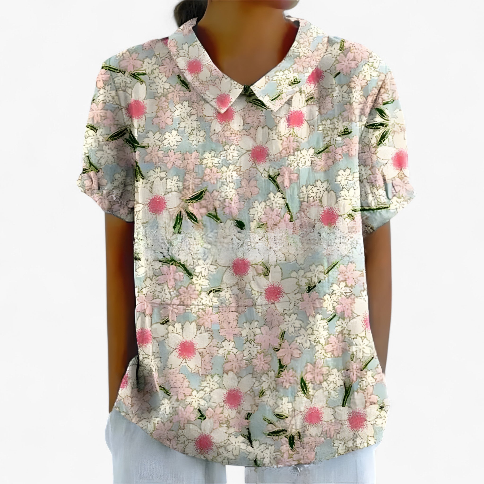 Camicia Stampata Elegante da Donna in Viscosa con Motivo Floreale - Bianco con fiori blu - camicia camicia stampata stampata women's top clothes - Concept Palermo