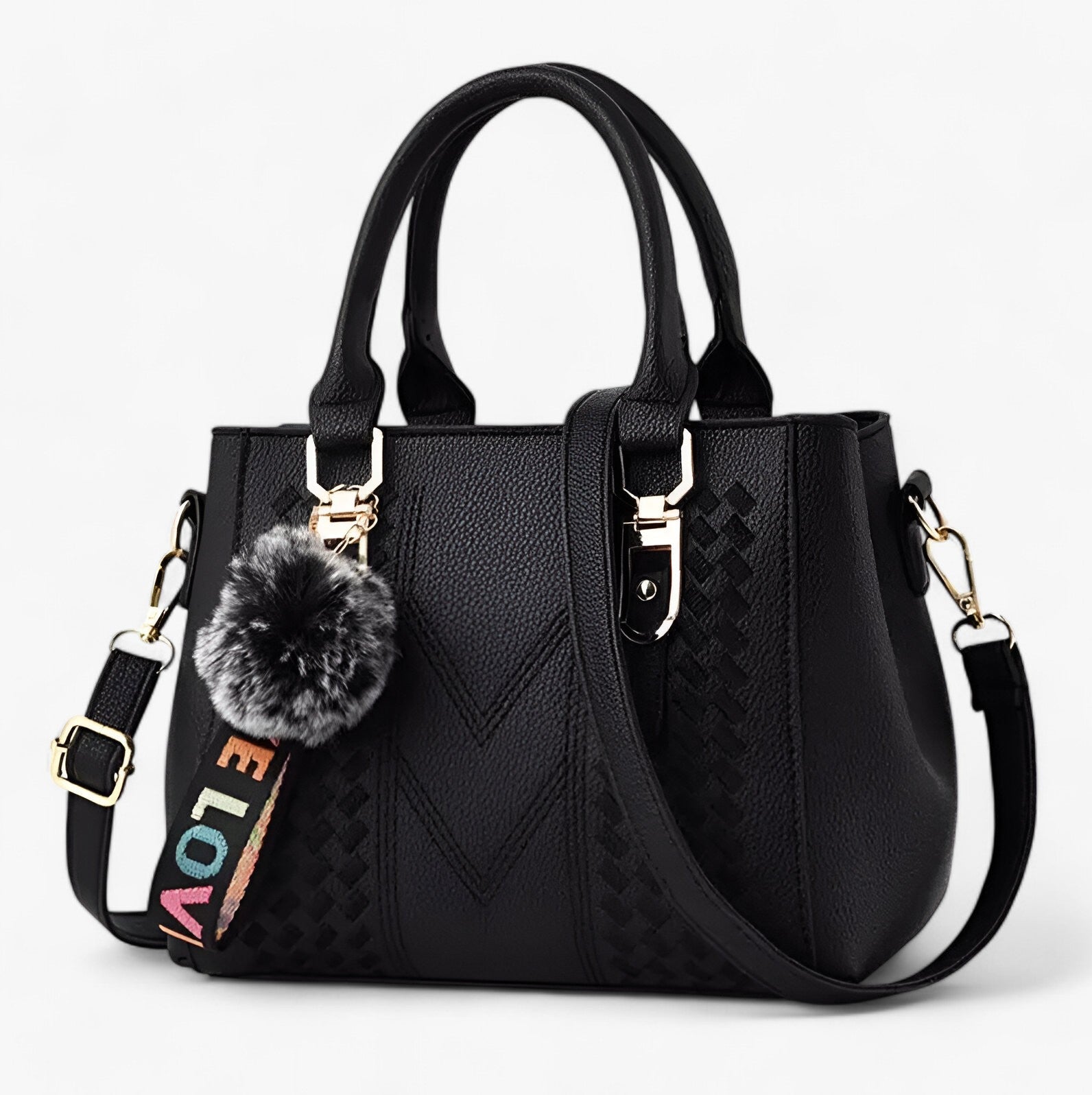 Borsa Messenger Donna Nera in Vera Pelle con Tracolla Regolabile e Pompon - nero - bag bags borsa borsa messenger casual bag donna Gift Gifts for women Handbag messenger pelle pompon women bags womens fashion - Concept Palermo
