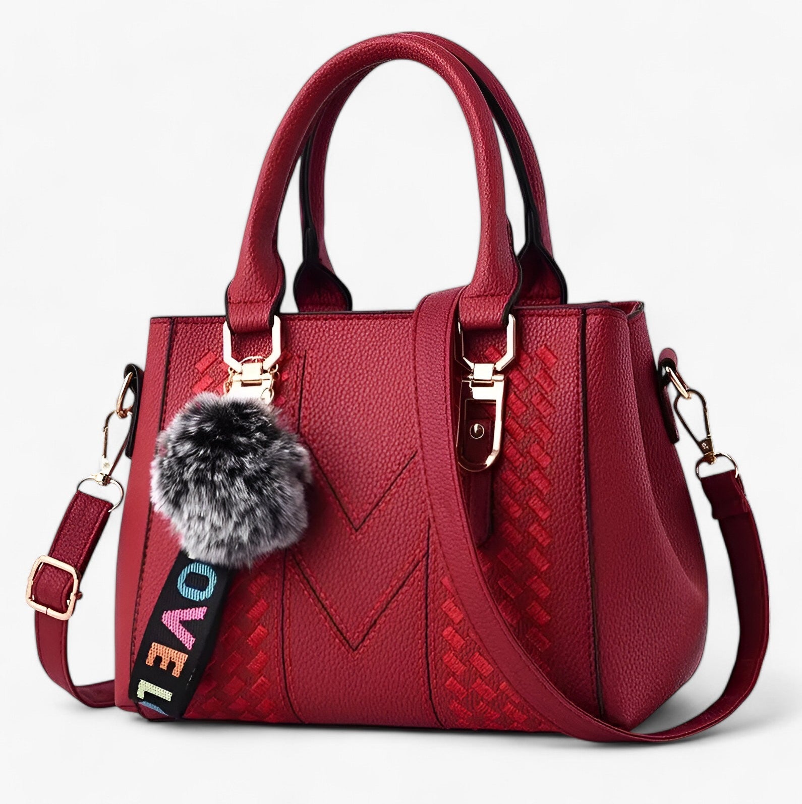 Borsa Messenger Donna Nera in Vera Pelle con Tracolla Regolabile e Pompon - rosso vino - bag bags borsa borsa messenger casual bag donna Gift Gifts for women Handbag messenger pelle pompon women bags womens fashion - Concept Palermo